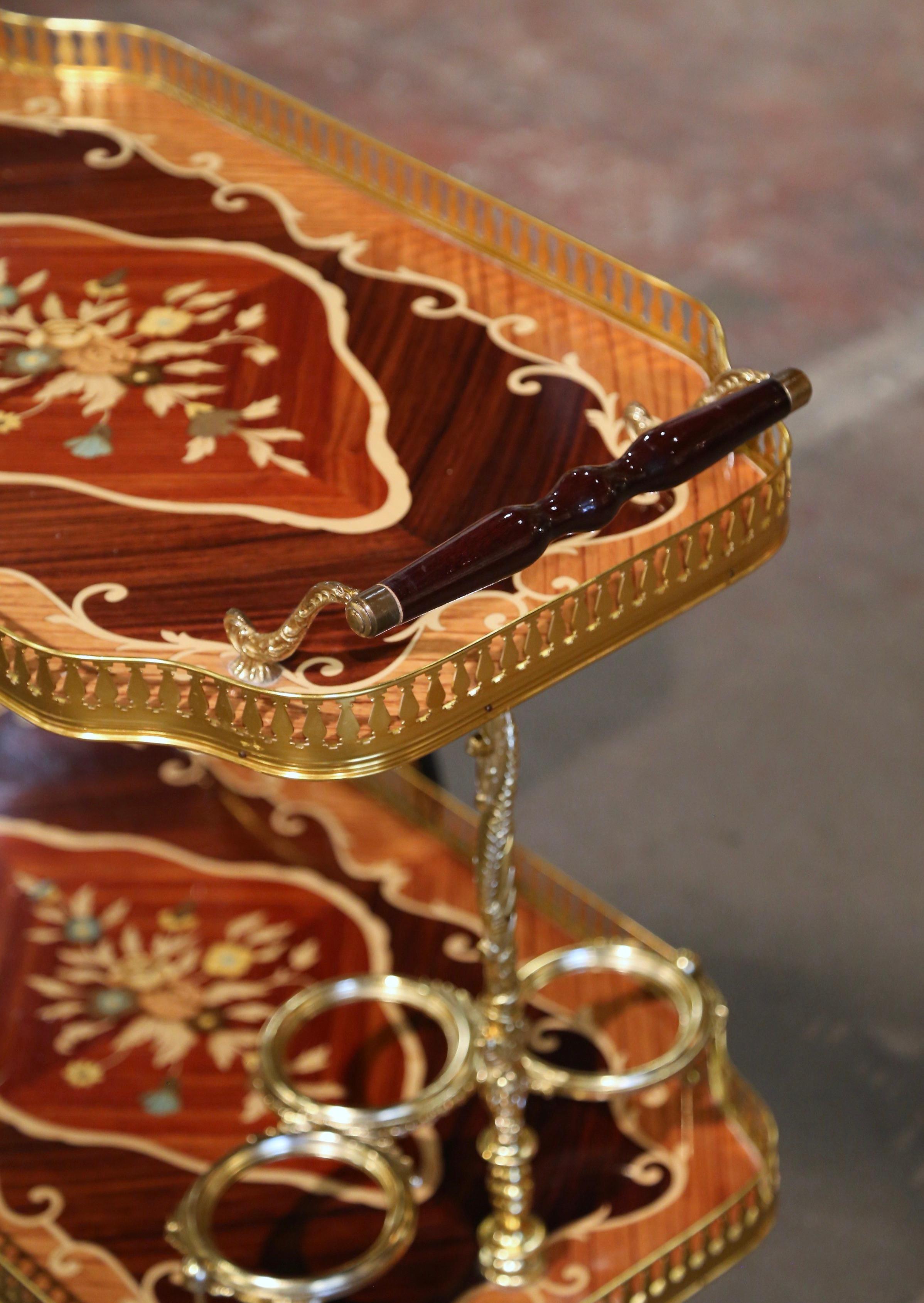 Late 20th Century Italian Floral Marquetry and Brass Service Bar Cart Trolley For Sale 6