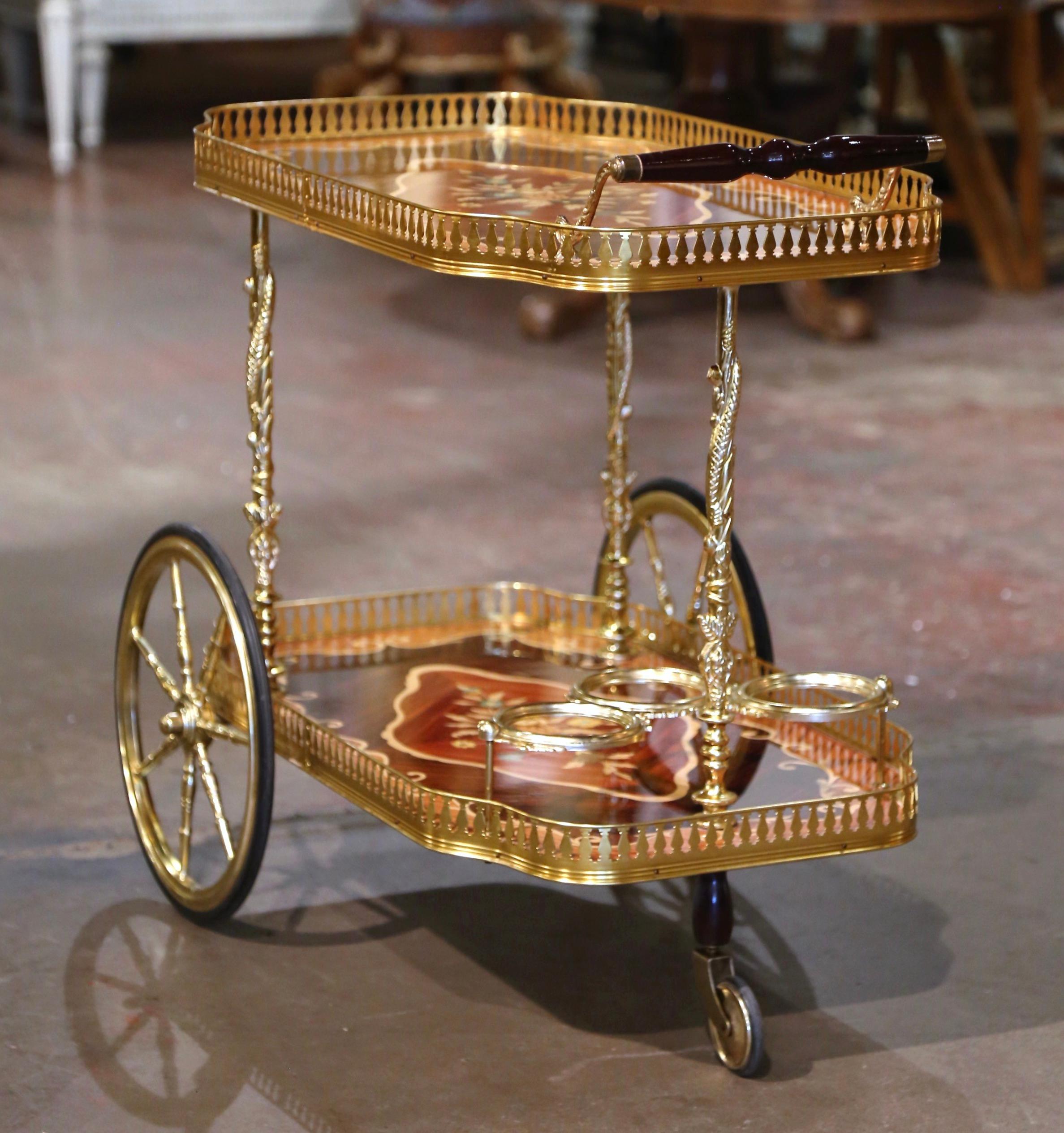 Late 20th Century Italian Floral Marquetry and Brass Service Bar Cart Trolley For Sale 7