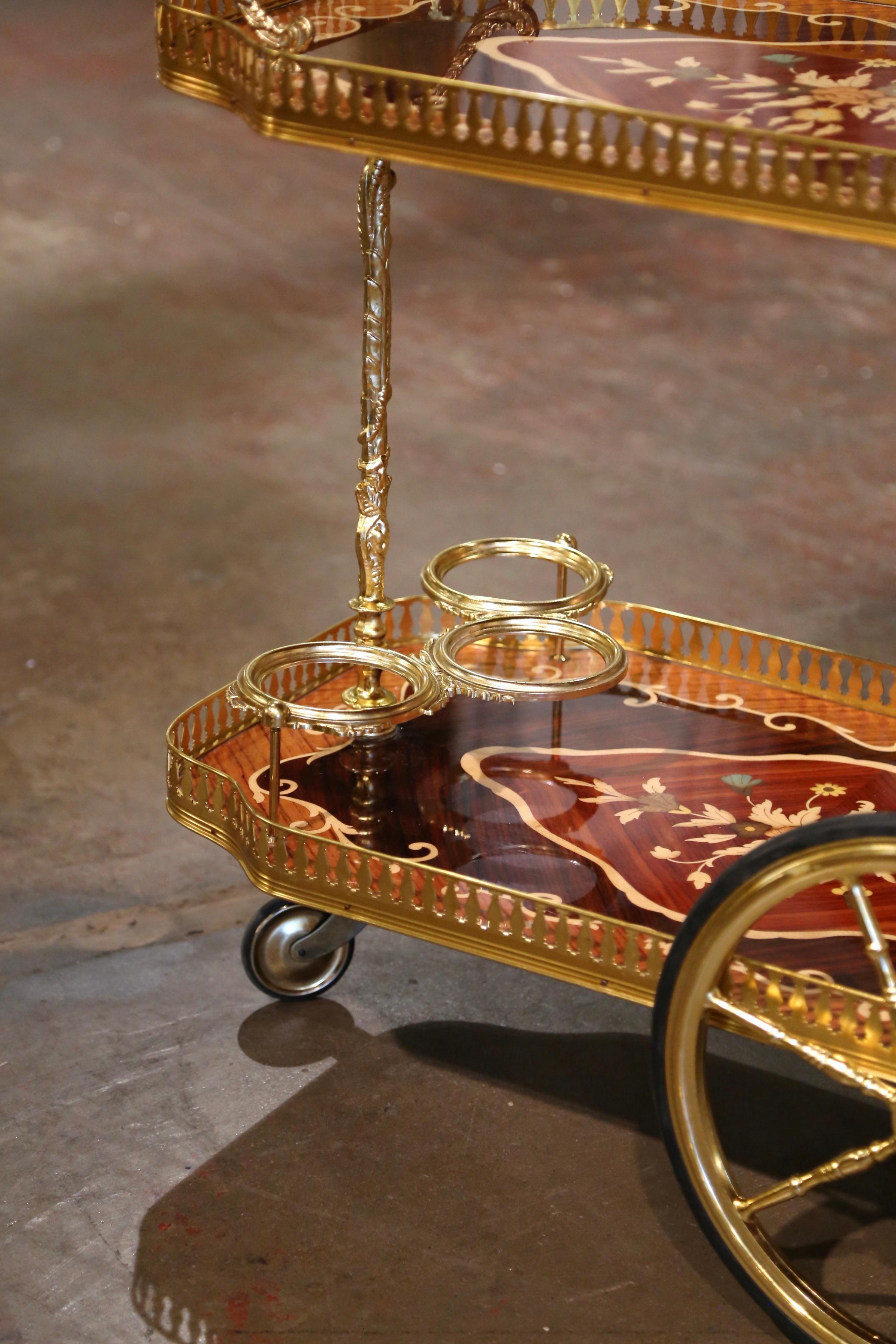 Late 20th Century Italian Floral Marquetry and Brass Service Bar Cart Trolley For Sale 8