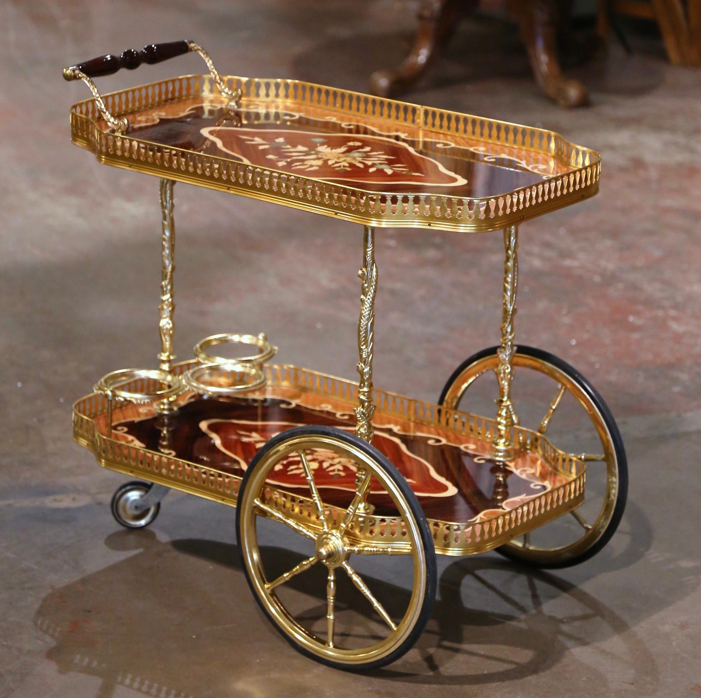 Late 20th Century Italian Floral Marquetry and Brass Service Bar Cart Trolley For Sale 1