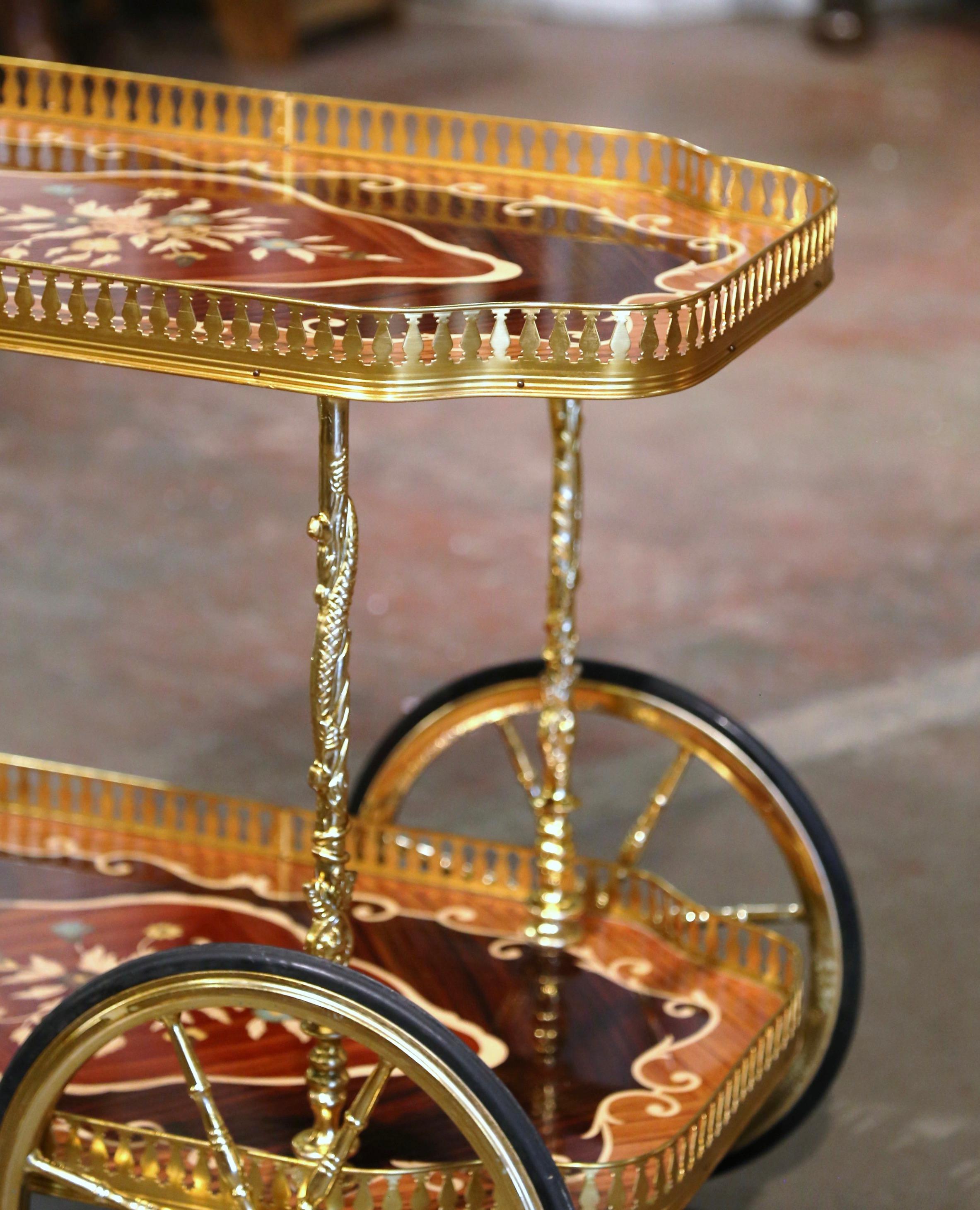 Late 20th Century Italian Floral Marquetry and Brass Service Bar Cart Trolley For Sale 3
