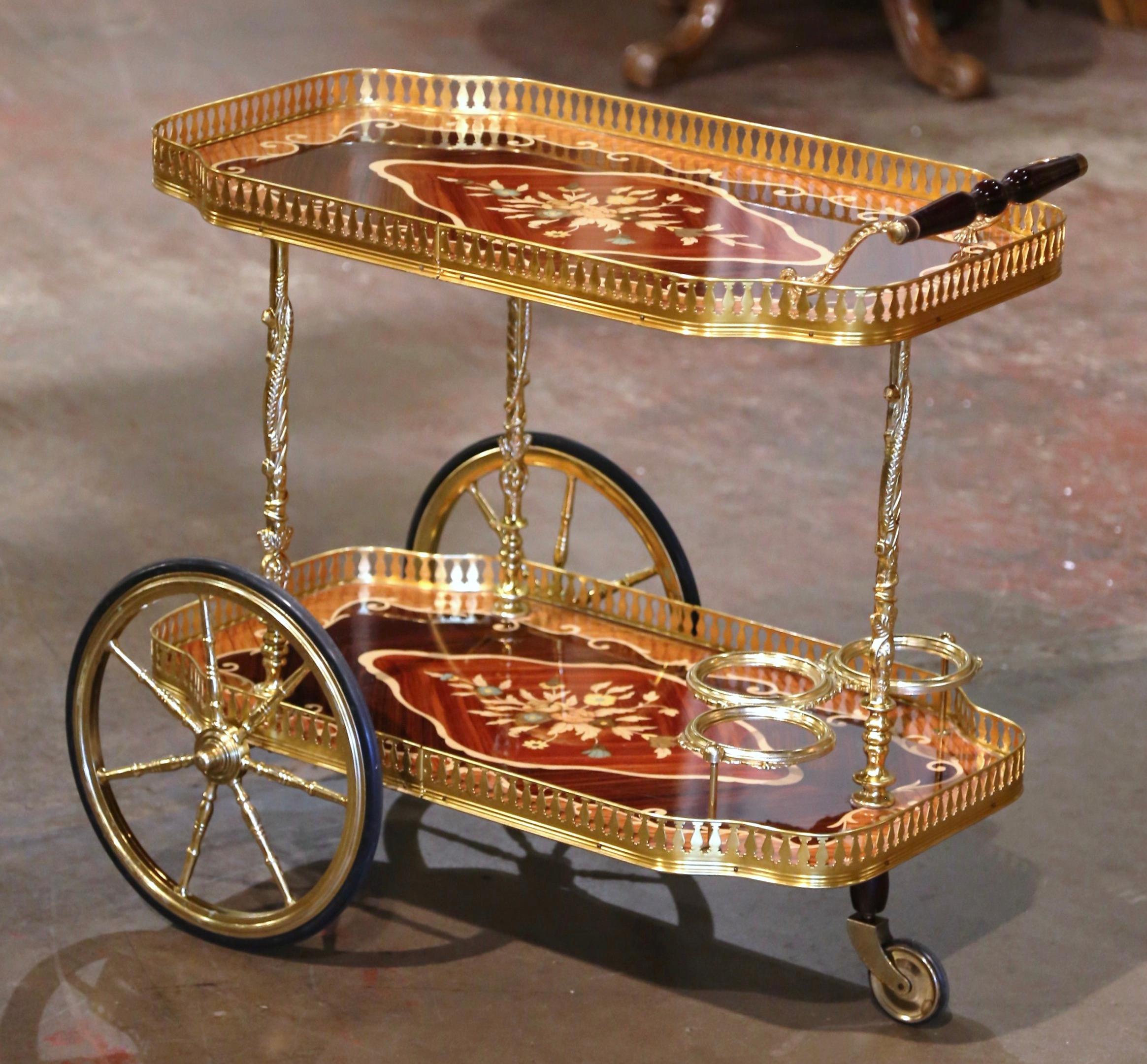 Late 20th Century Italian Floral Marquetry and Brass Service Bar Cart Trolley For Sale 4