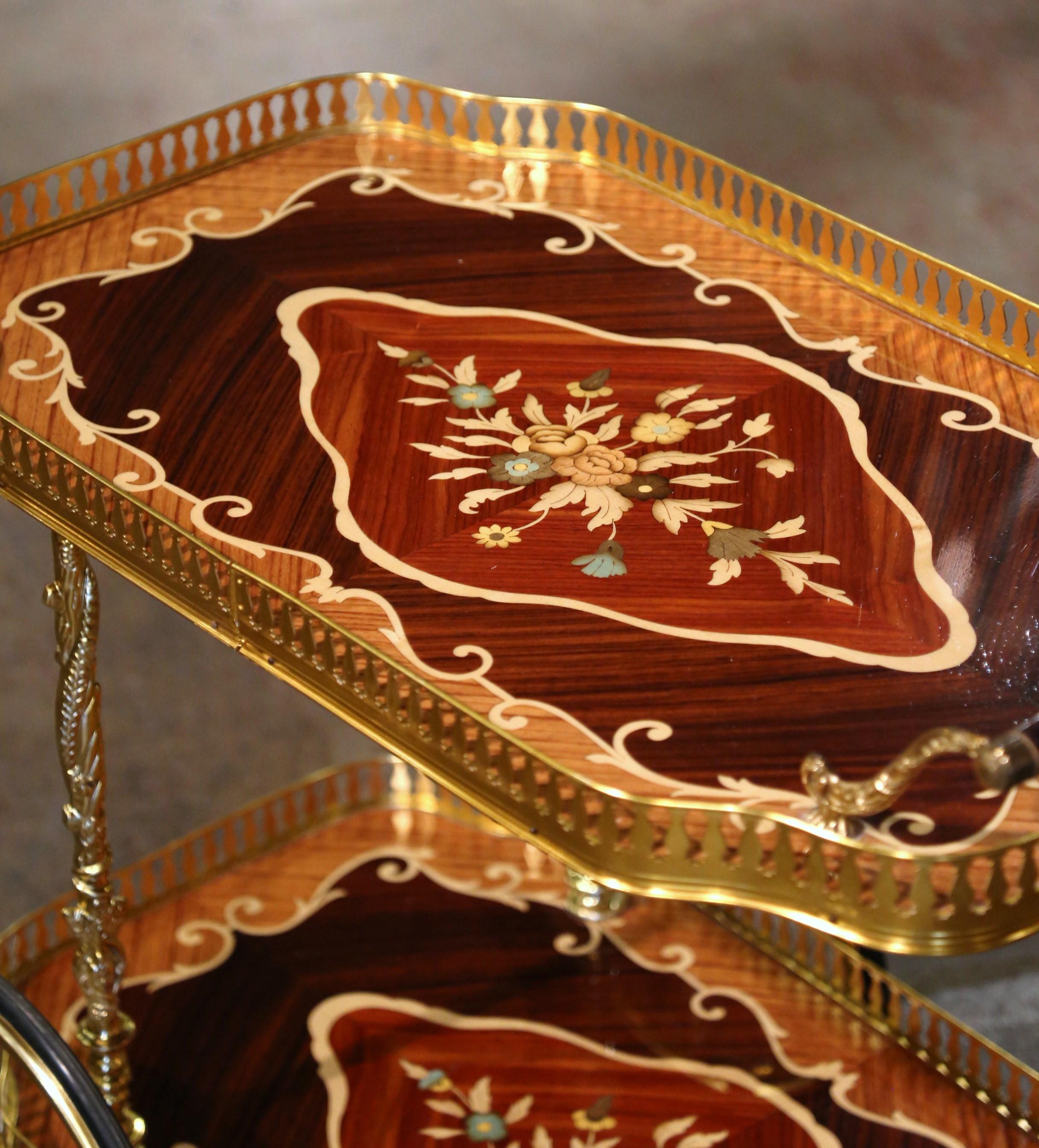 Late 20th Century Italian Floral Marquetry and Brass Service Bar Cart Trolley For Sale 5