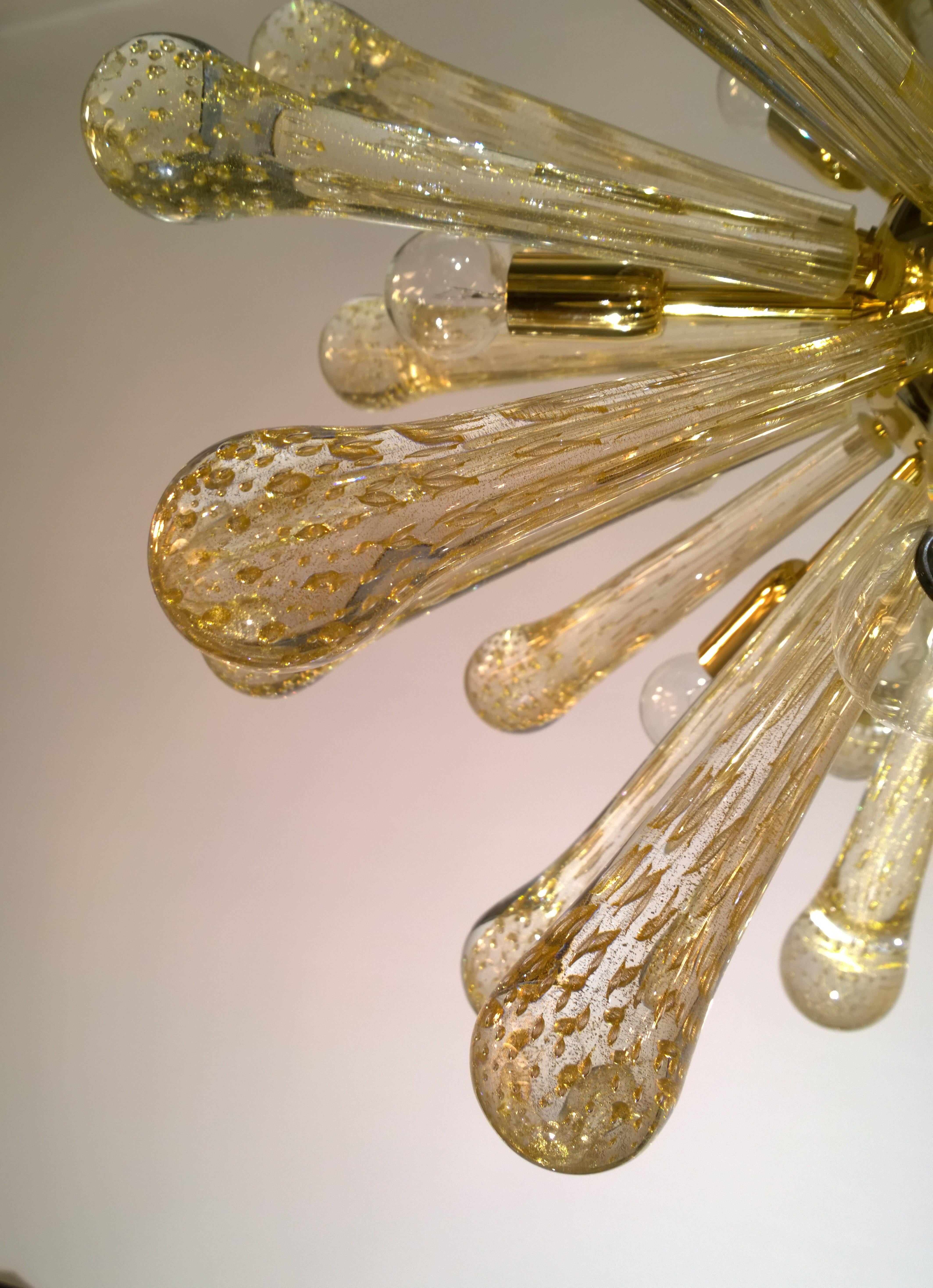 Gilt Italian Gold Flecked Clear Murano Blown Glass and Brass Sputnik Chandelier For Sale
