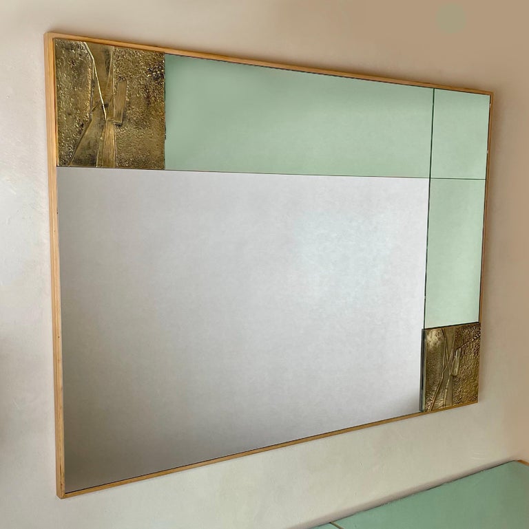 Late 20th Century, Italian Green and Bronze Mirror W/ Sculptural Bronze Plaques For Sale at 1stDibs