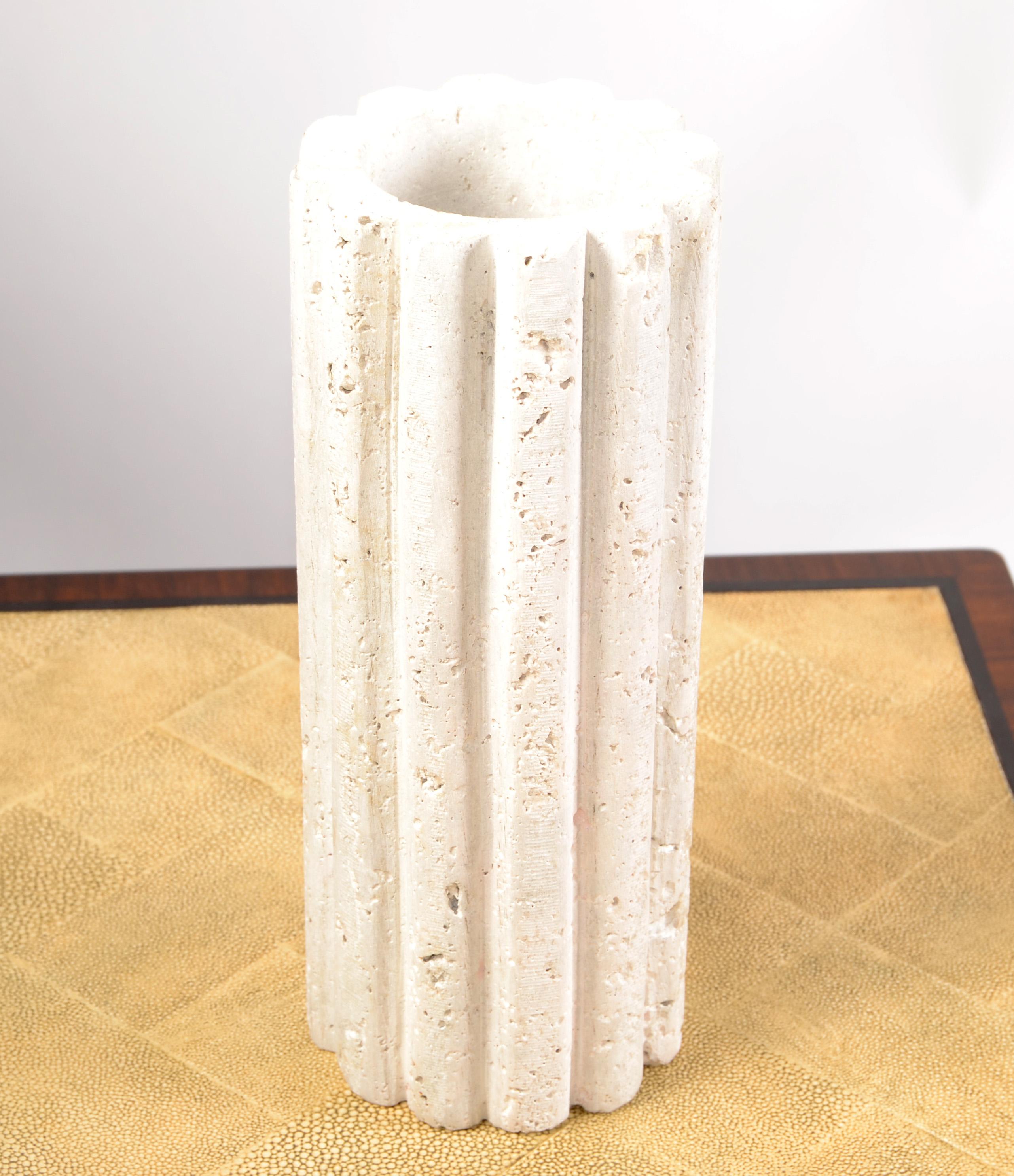 Late 20th Century Italian Handmade Fluted Tan Beige Travertine Vase Post-Modern For Sale 8