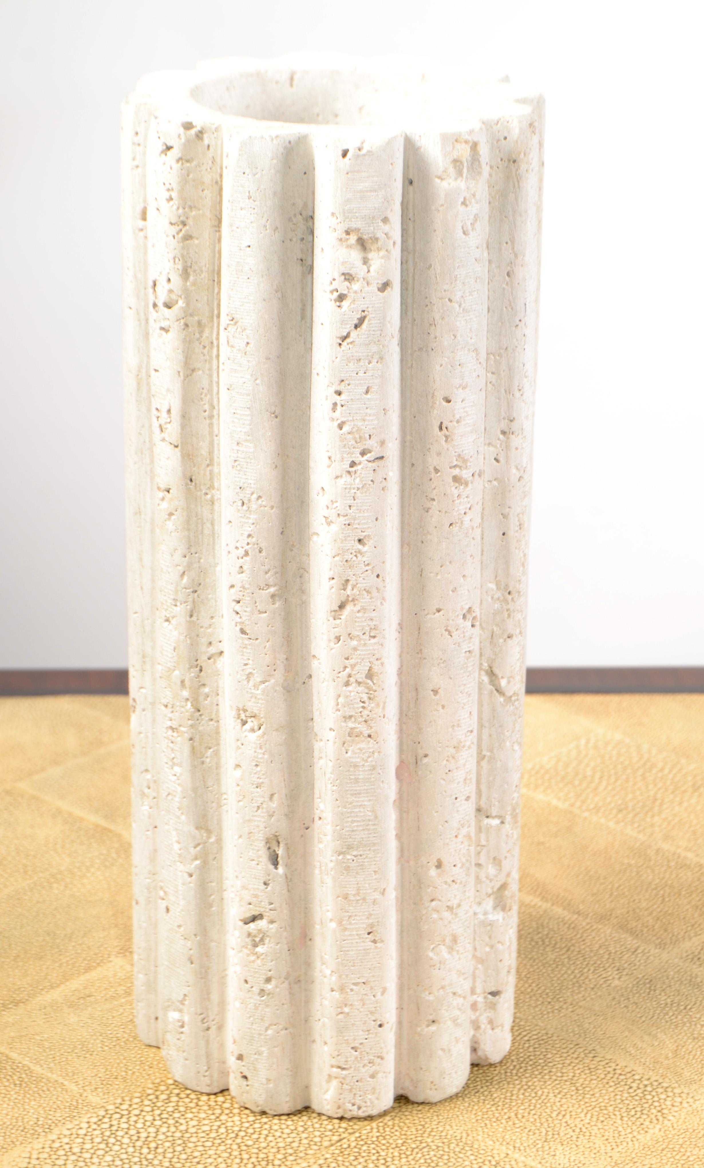 Late 20th Century Italian Handmade Fluted Tan Beige Travertine Vase Post-Modern For Sale 9