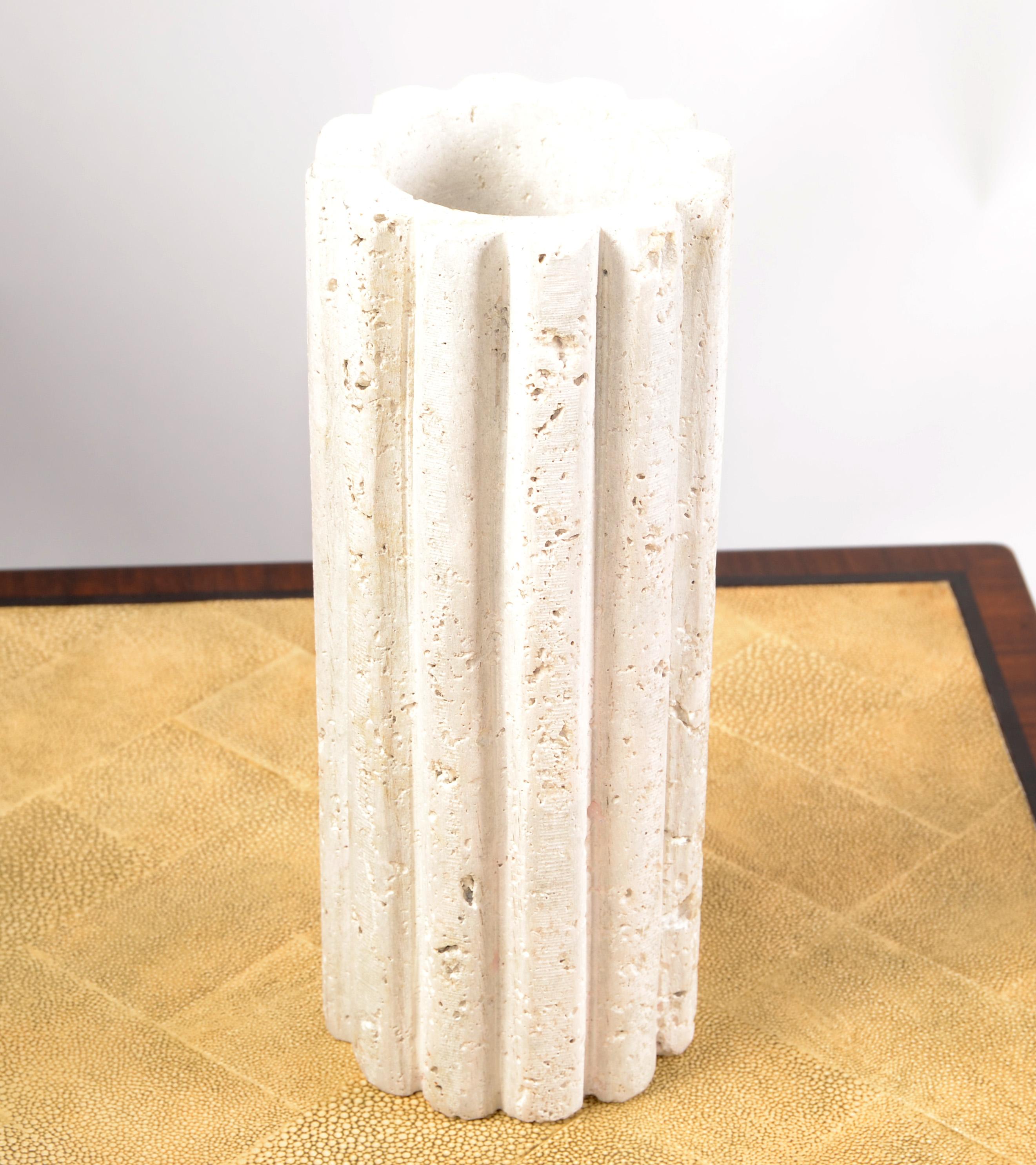 Italian solid Beige, Tan or Taupe Travertine fluted handmade Vase, Vessel in very good original condition. Post-Modern Period circa 1980's. 
Fluted or scalloped sides that create a soft edge, wrapping around the entire piece. 
Great vintage piece