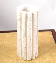 Late 20th Century Italian Handmade Fluted Tan Beige Travertine Vase Post-Modern