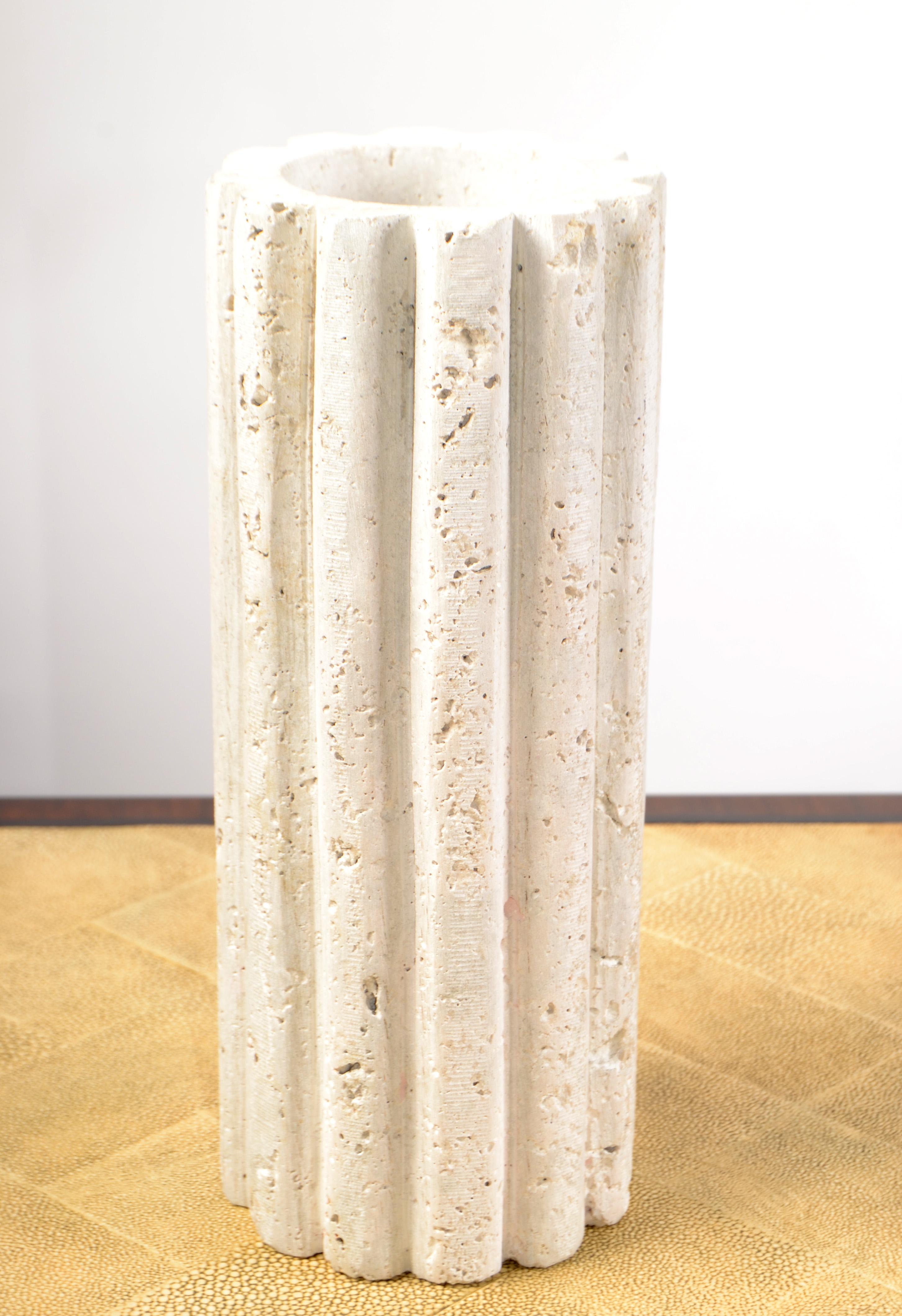 Hand-Crafted Late 20th Century Italian Handmade Fluted Tan Beige Travertine Vase Post-Modern For Sale