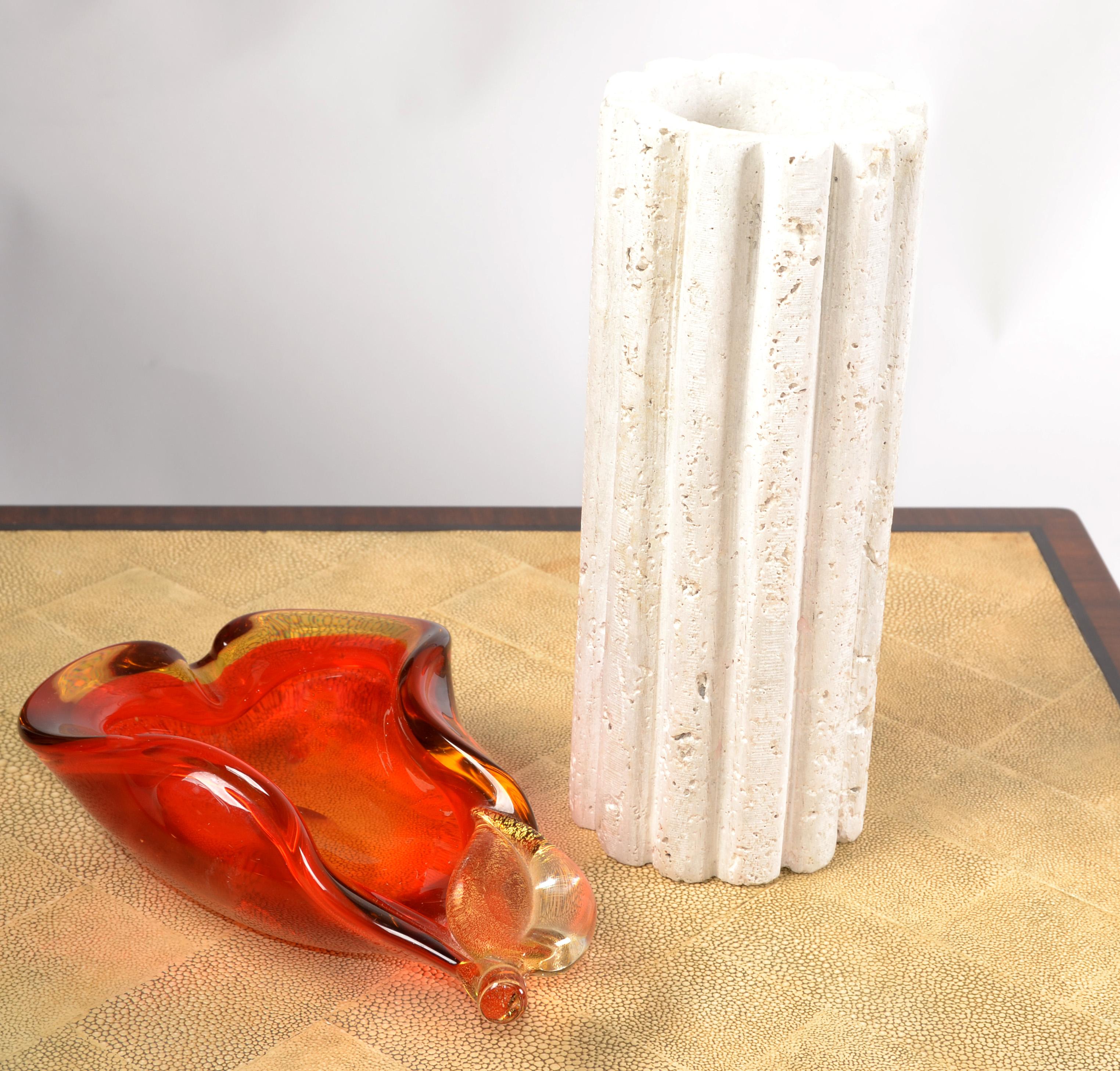Late 20th Century Italian Handmade Fluted Tan Beige Travertine Vase Post-Modern For Sale 3