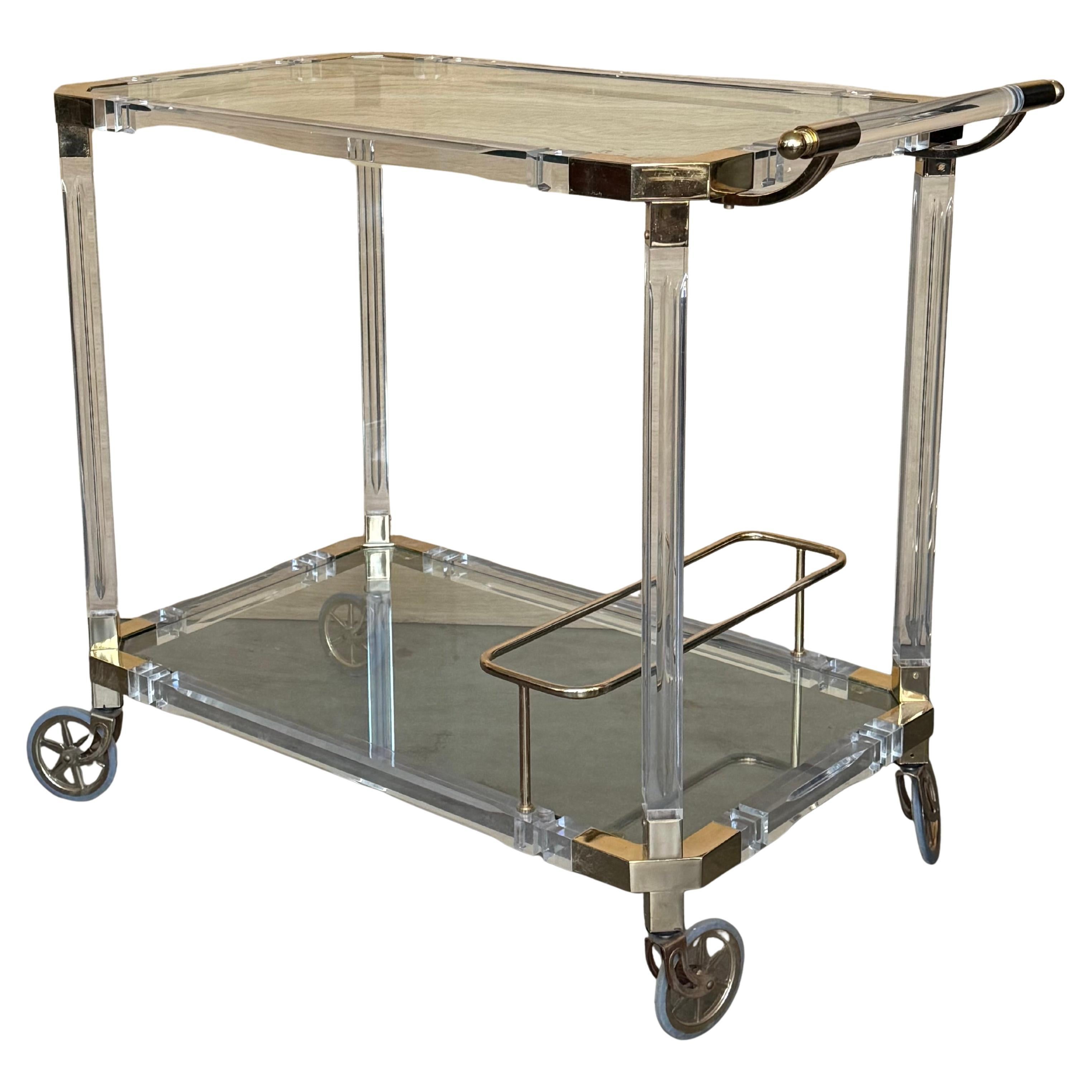 Late 20th Century Italian Lucite 
Brass Bar Cart with Glass Shelves /Castors
