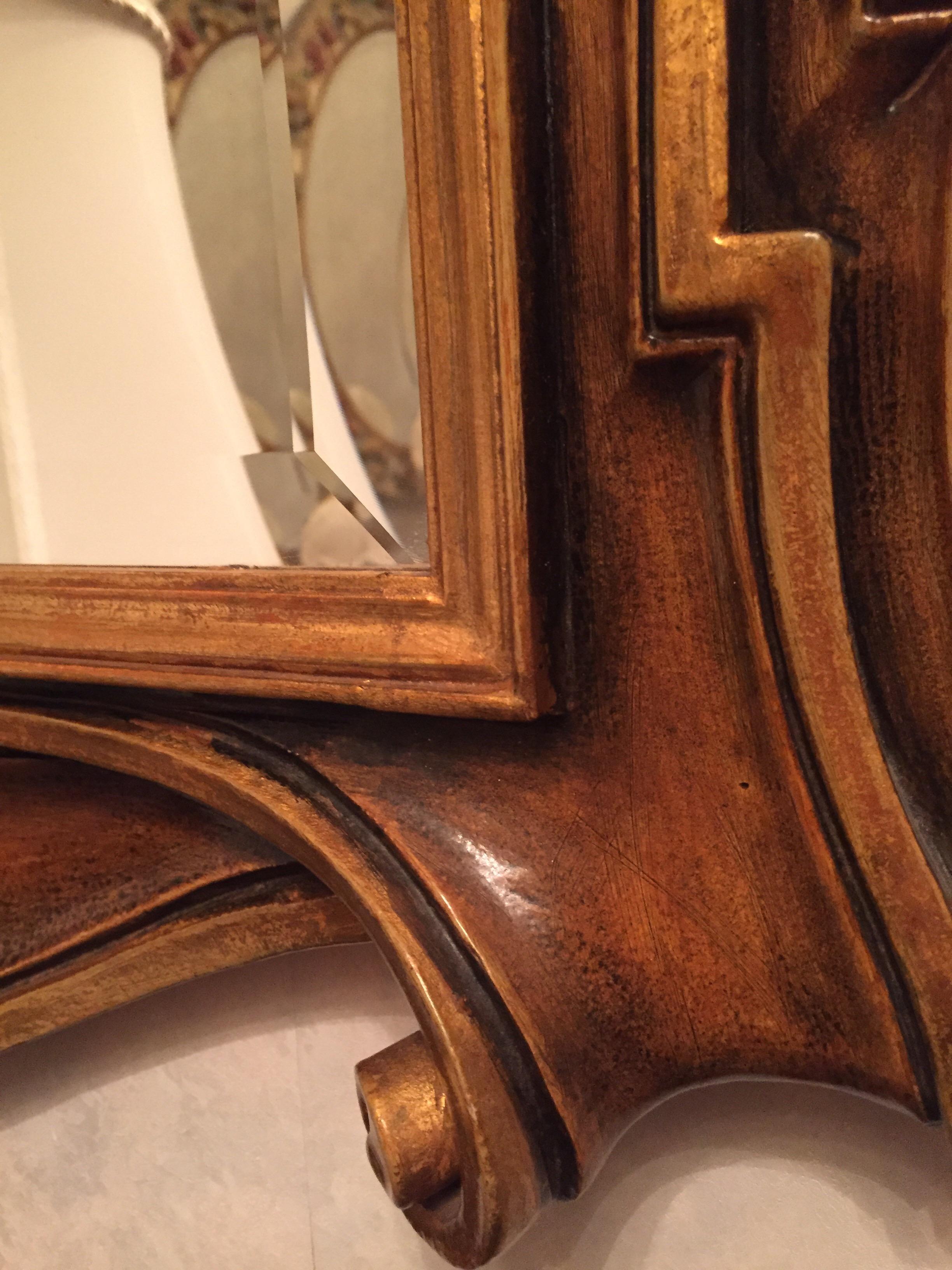 Mirror Specchio Rettangolare Cornice Sagomata con Volute Oro e Noce di Chelini Firenze  For Sale