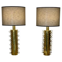 Late 20th Century Italian Pair of Brass Ringed Table Lamps W/ Grey Linen Shades