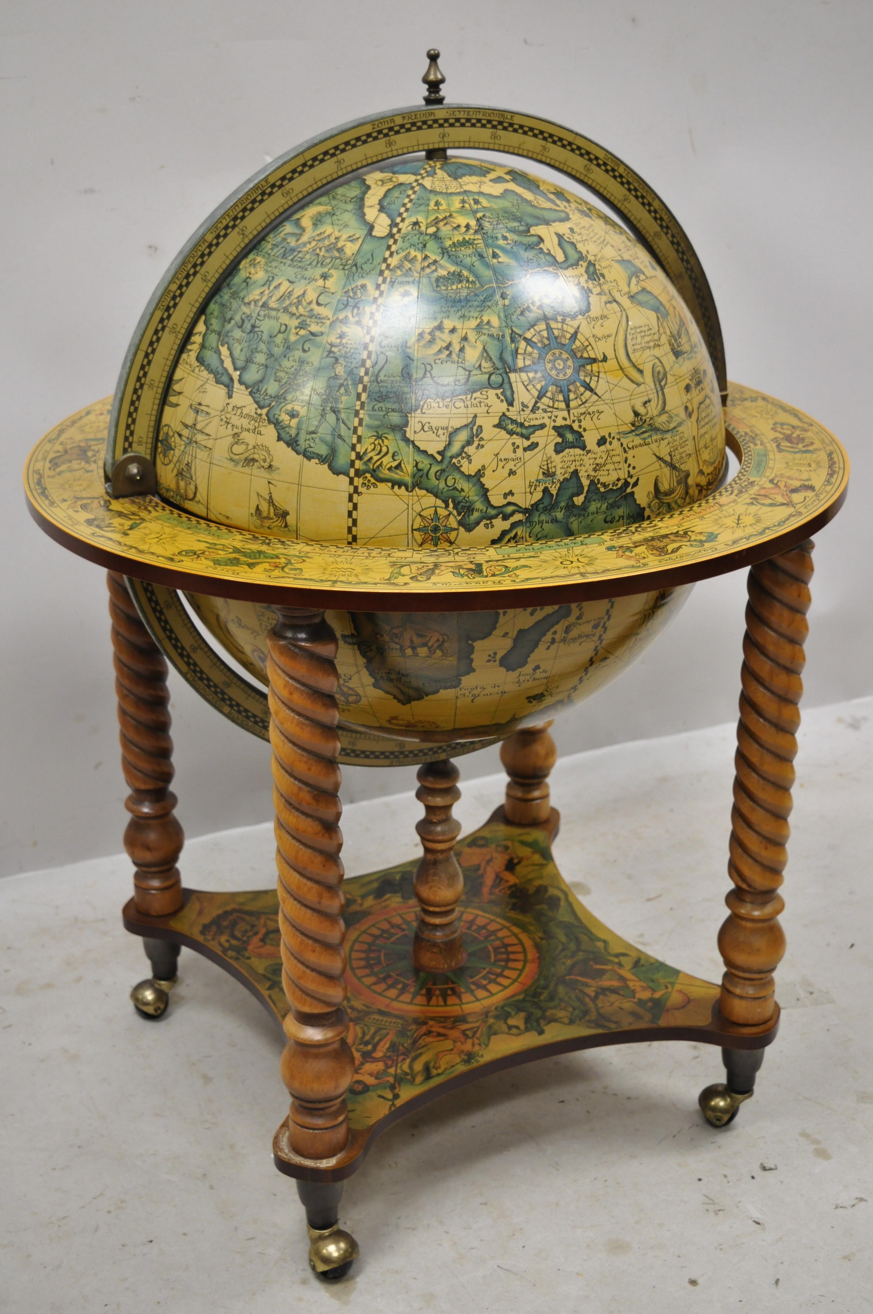 Late 20th century Italian Renaissance revolving large globe liquor bar cart. item features rolling casters, lift top, revolving globe, great style and form, circa late 20th-early 21st century. Measurements: 38