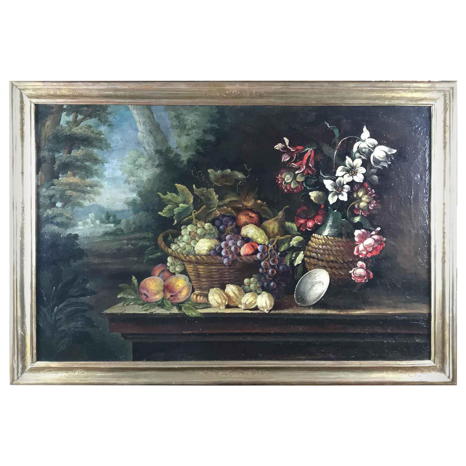 20th Century Italian Still Life of Flowers Fruits and Landscape