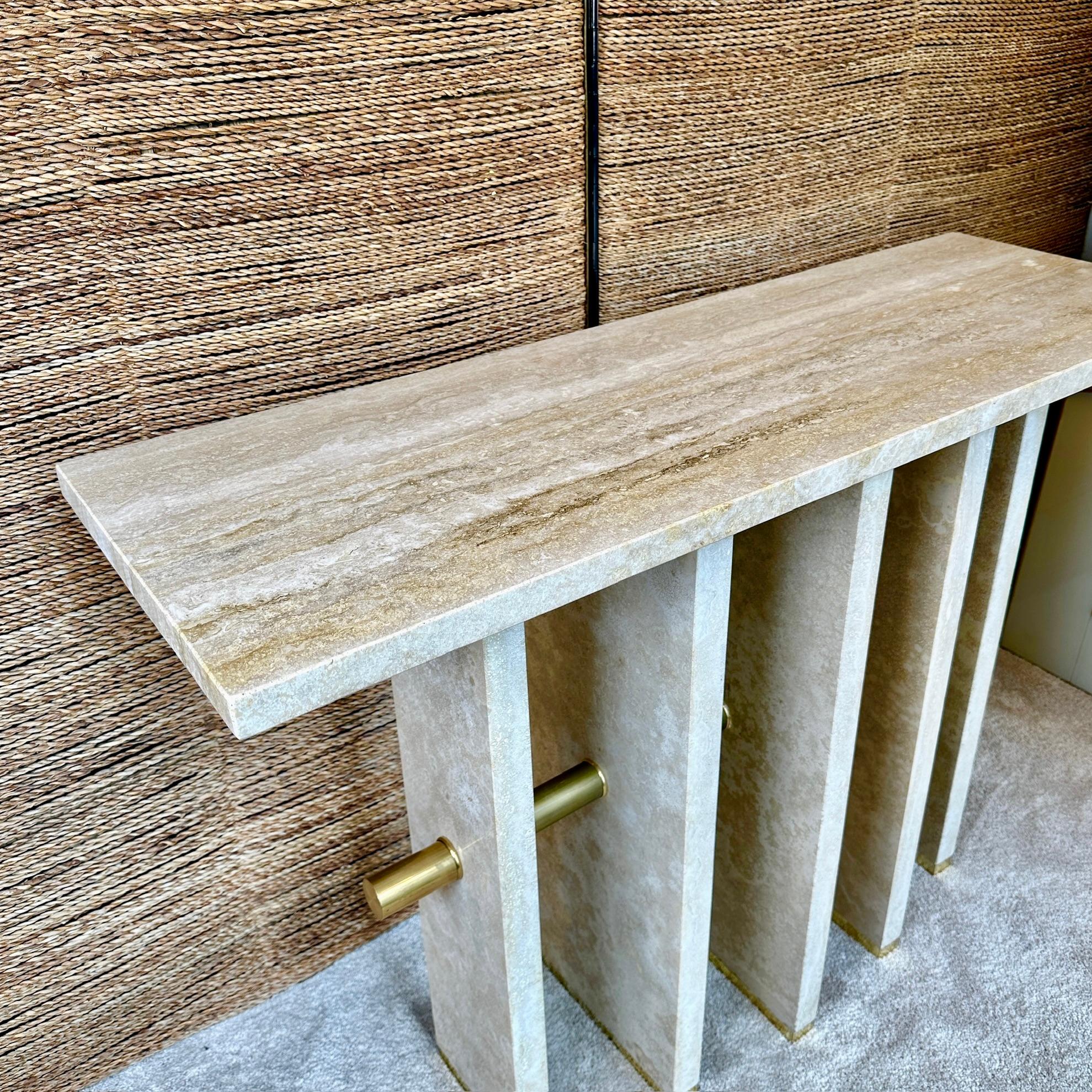 Modern Late 20th Century Italian Travertine with Brass Details Console Table For Sale