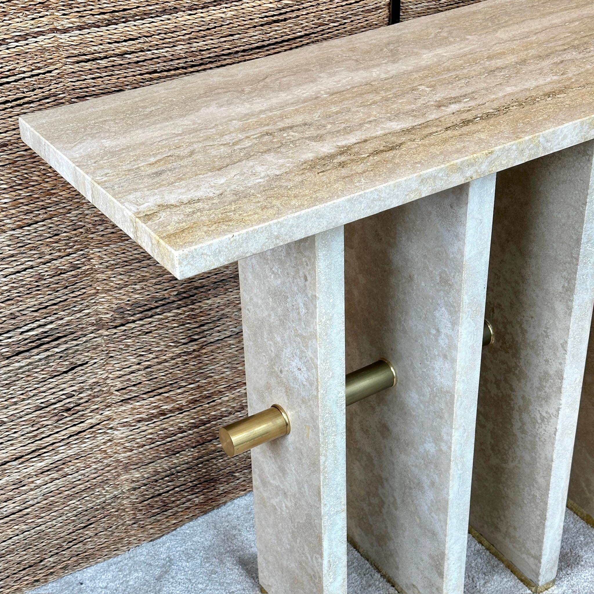 Late 20th Century Italian Travertine with Brass Details Console Table In Good Condition For Sale In Firenze, Tuscany
