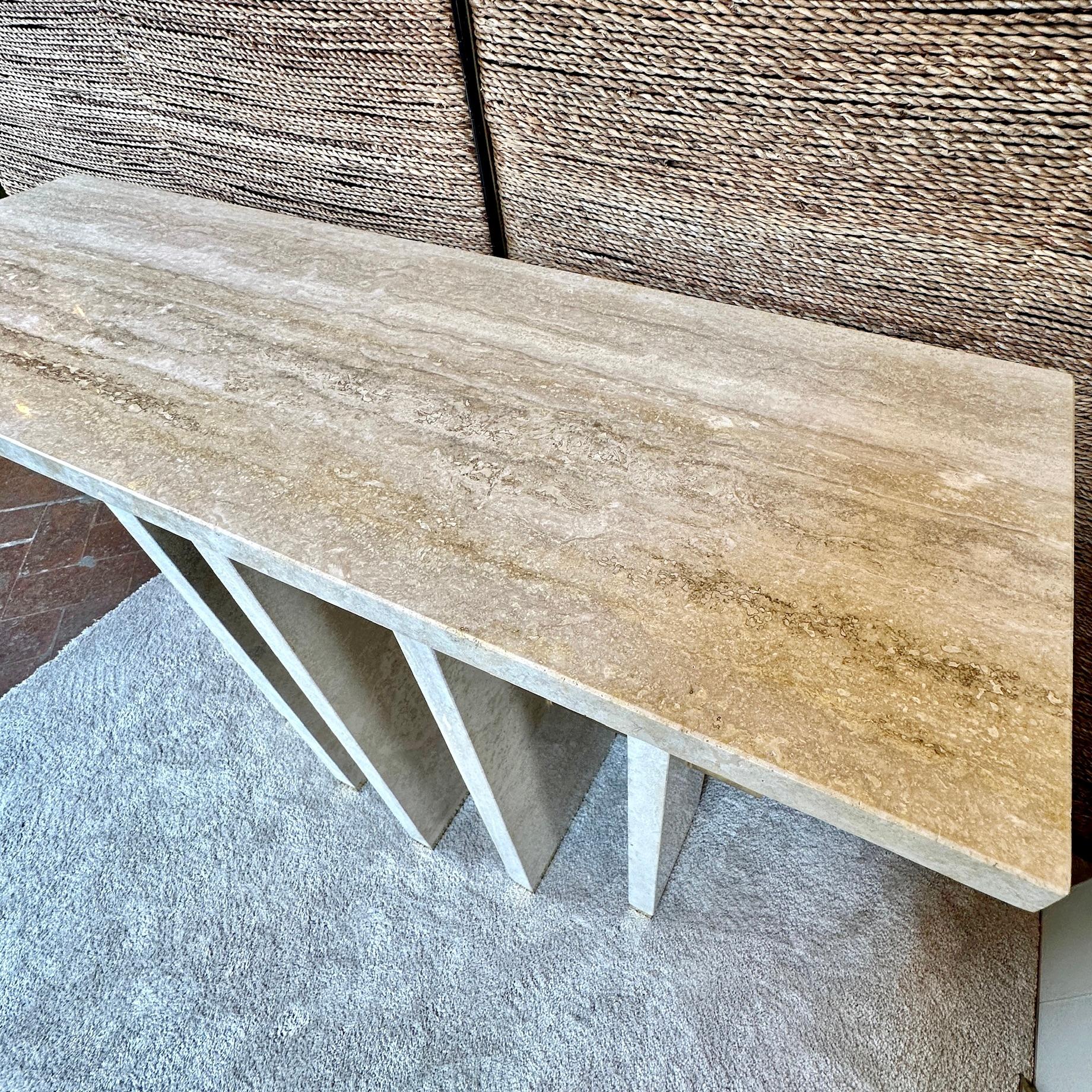 Late 20th Century Italian Travertine with Brass Details Console Table For Sale 1