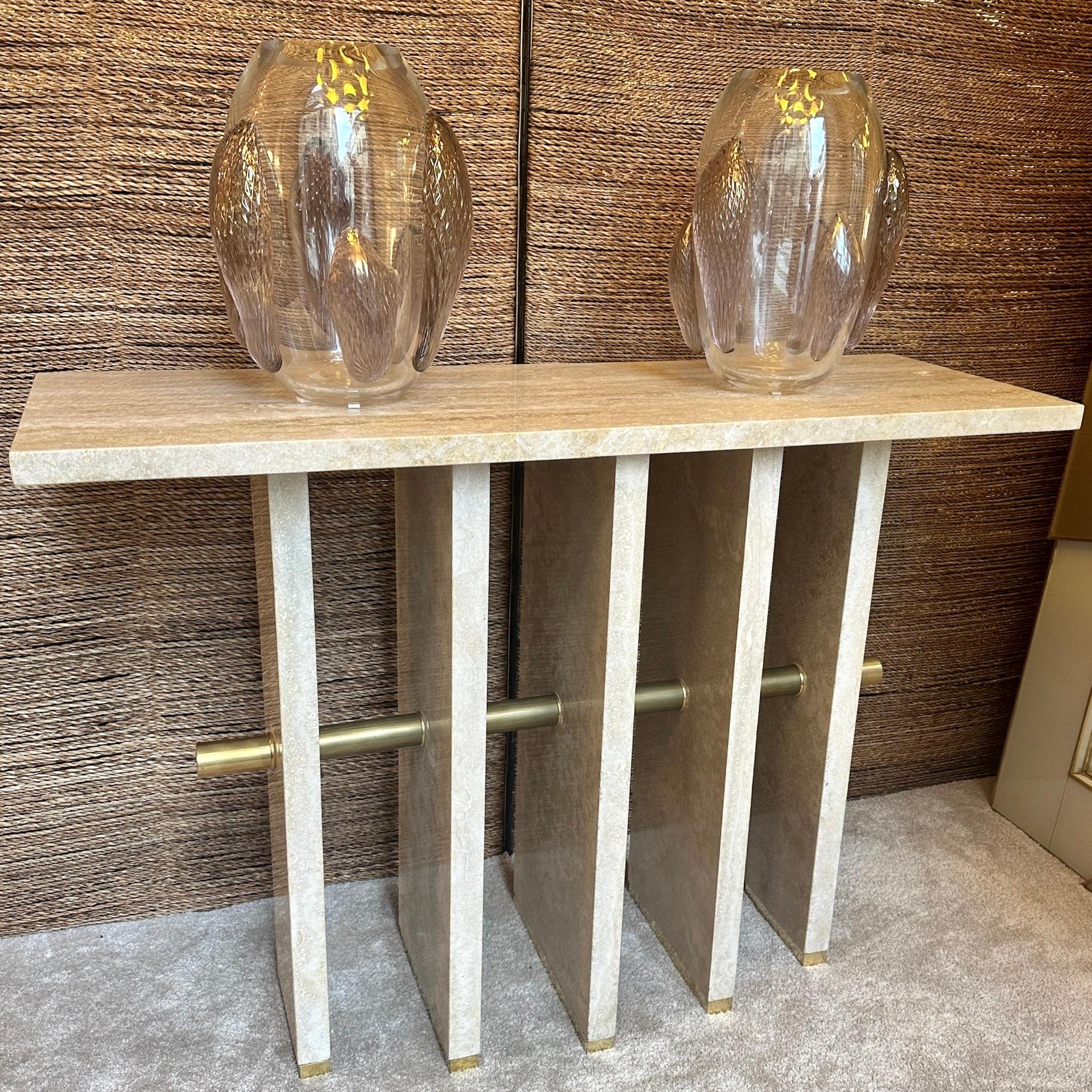Late 20th Century Italian Travertine with Brass Details Console Table For Sale 3