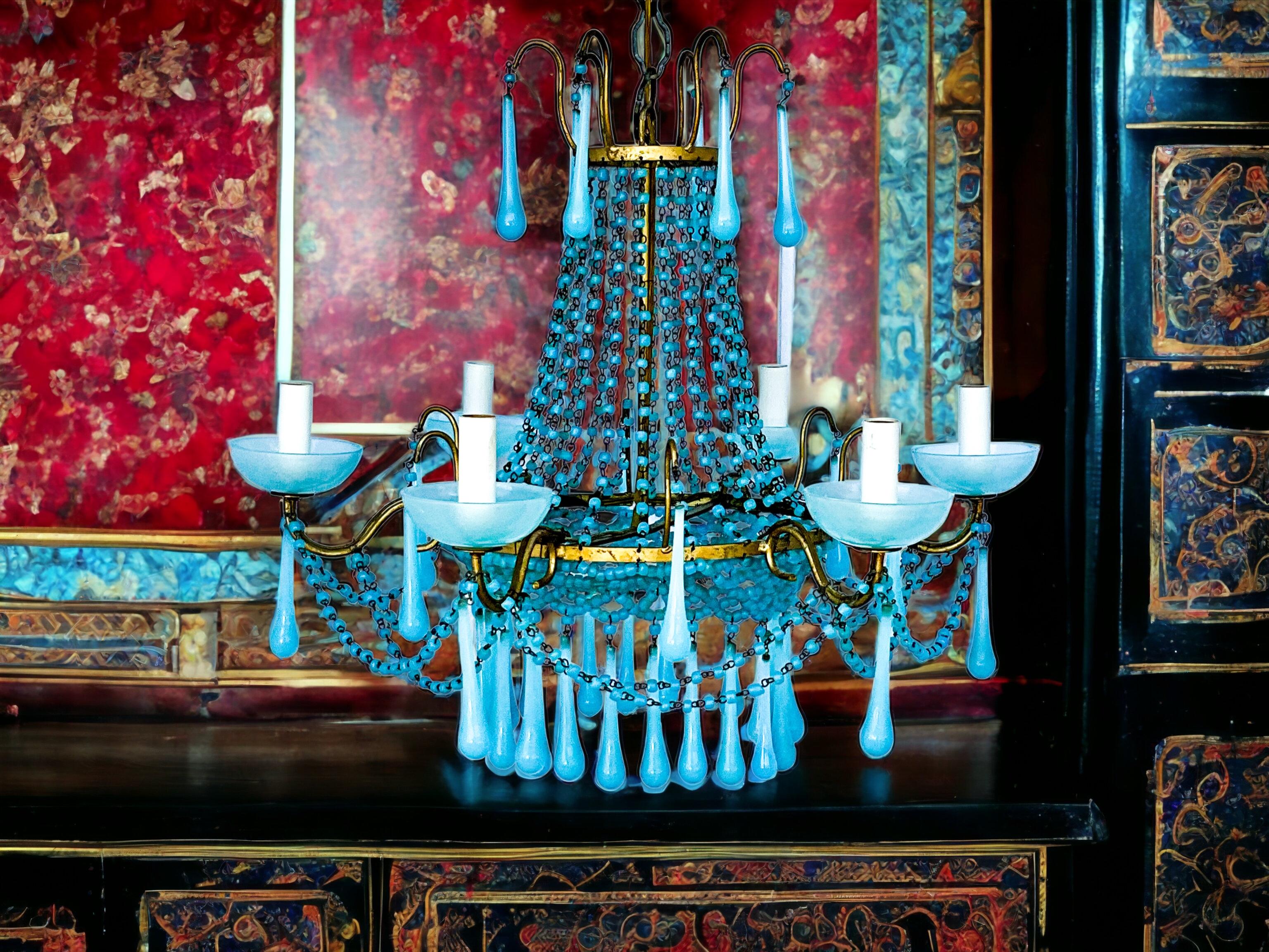 This is a wonderful Italian gilt metal chandelier with beautiful turquoise crystals. It has 25 inches of chain and a small canopy. The fixture has six arms. It is in working order.