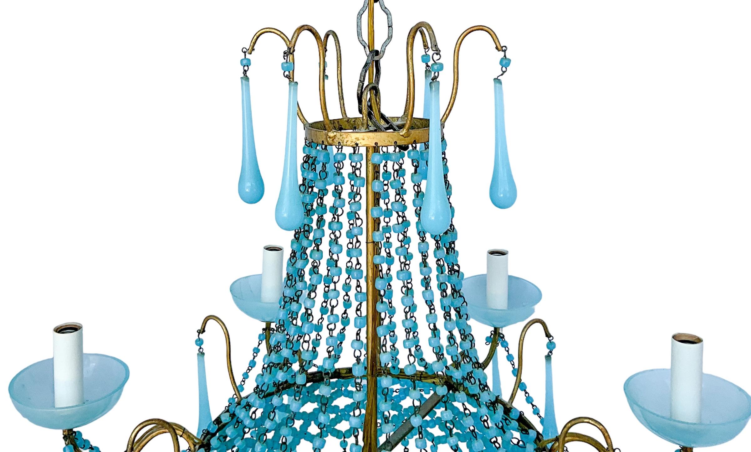 Rococo Late 20th Century Italian Turquoise Crystal & Gilt Metal Chandelier - 6 Arm  For Sale