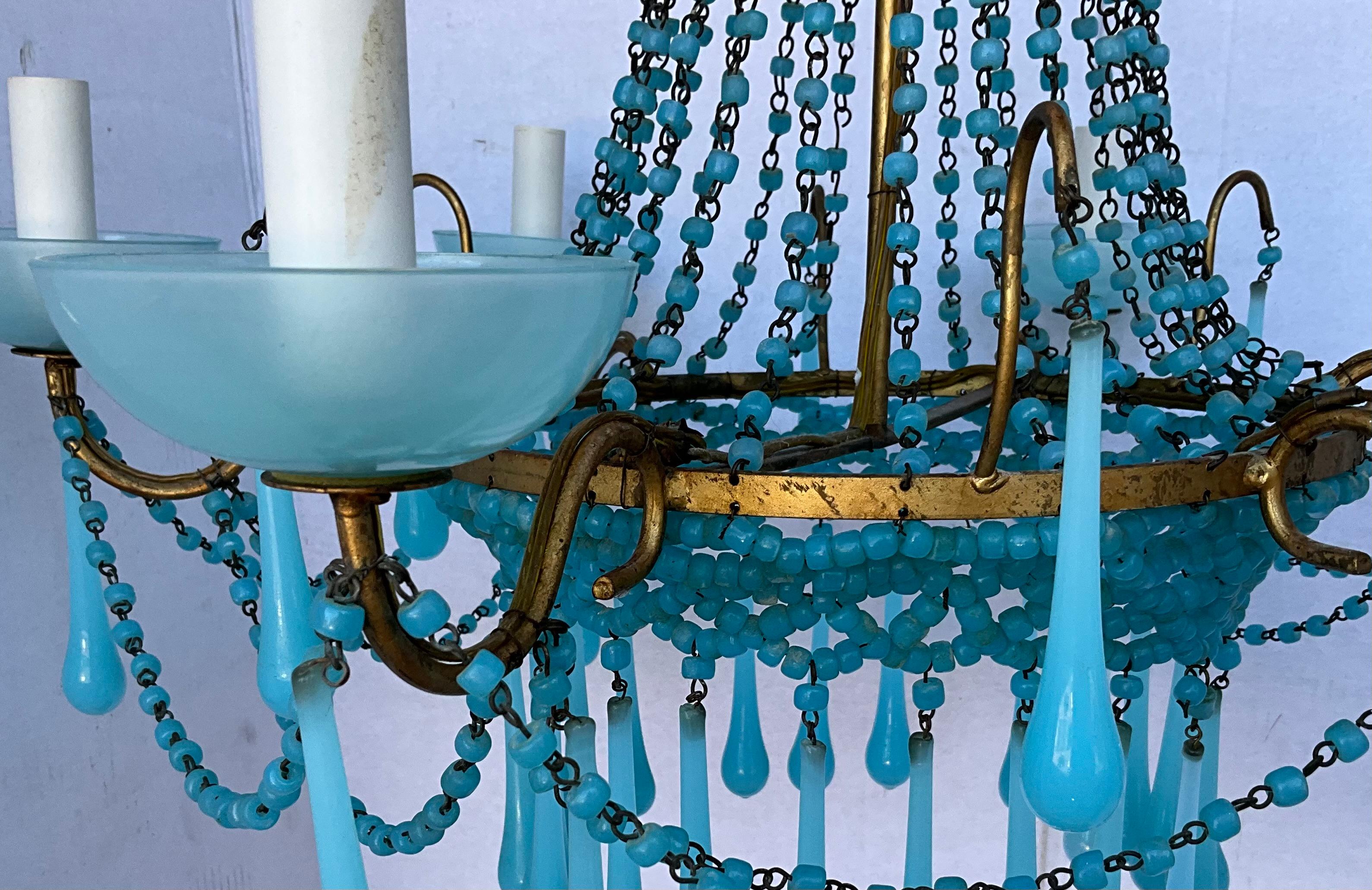 Late 20th Century Italian Turquoise Crystal & Gilt Metal Chandelier - 6 Arm  In Good Condition For Sale In Kennesaw, GA