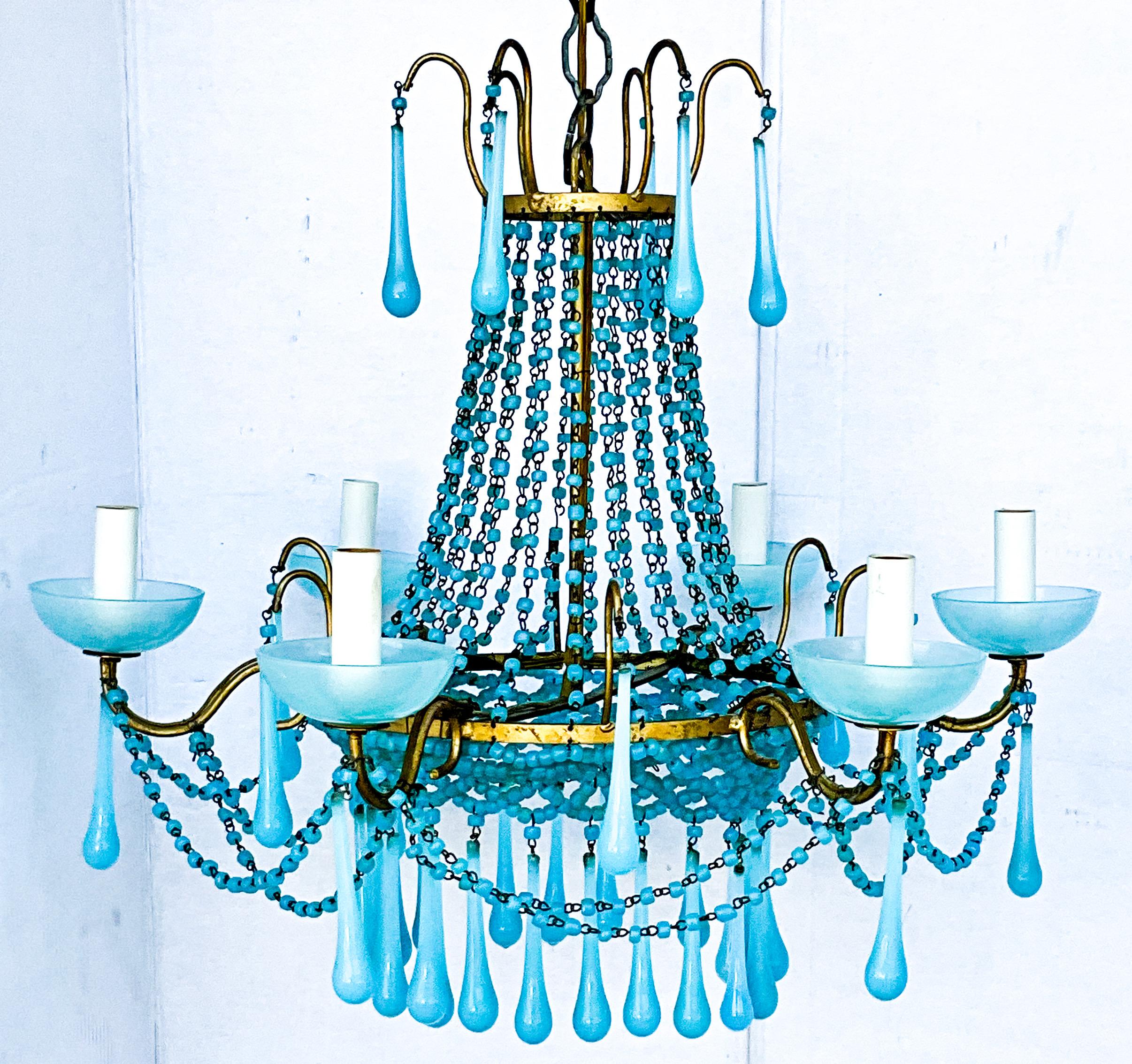 Late 20th Century Italian Turquoise Crystal & Gilt Metal Chandelier - 6 Arm  For Sale 2