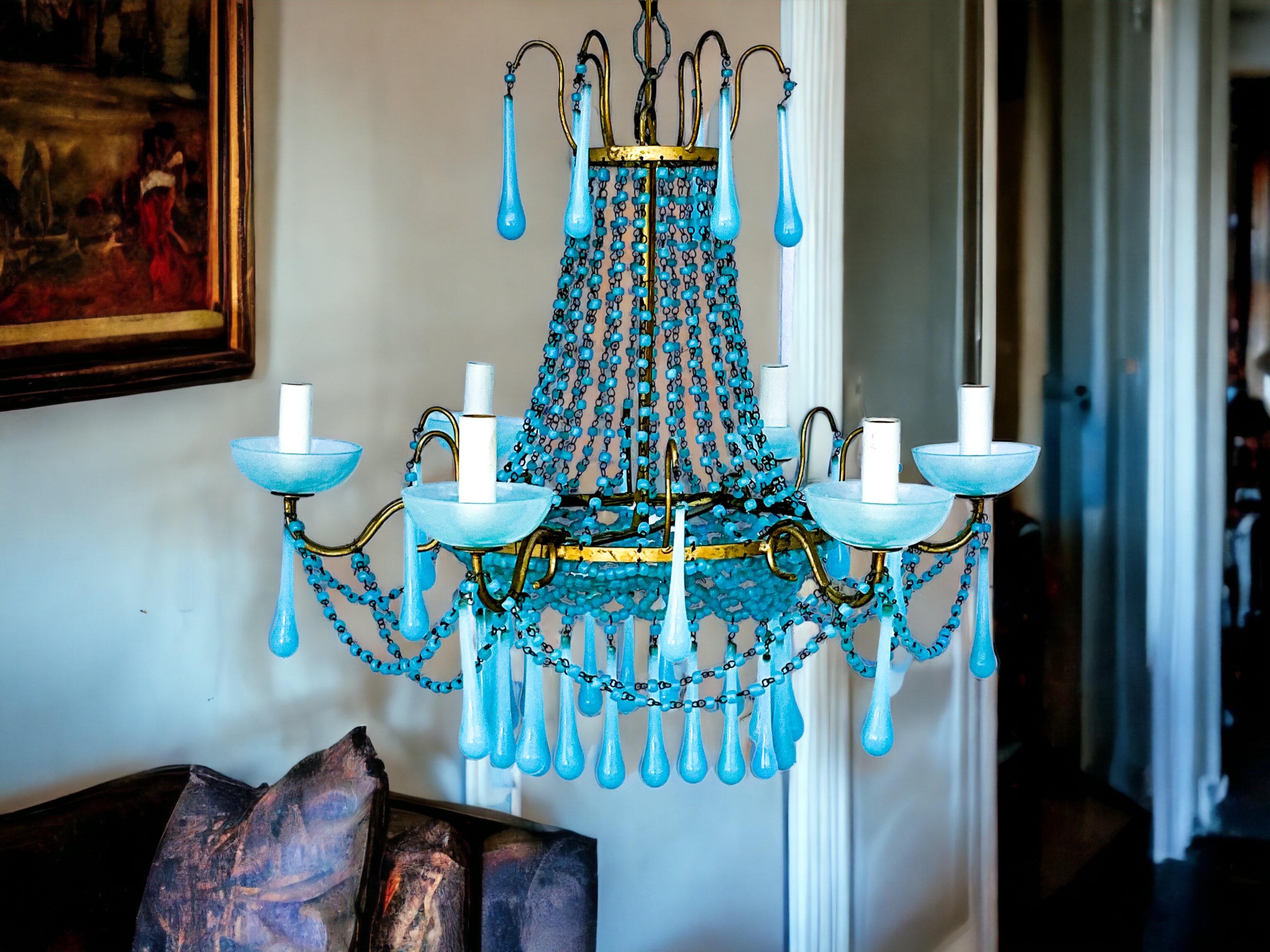 Late 20th Century Italian Turquoise Crystal & Gilt Metal Chandelier - 6 Arm  For Sale 3