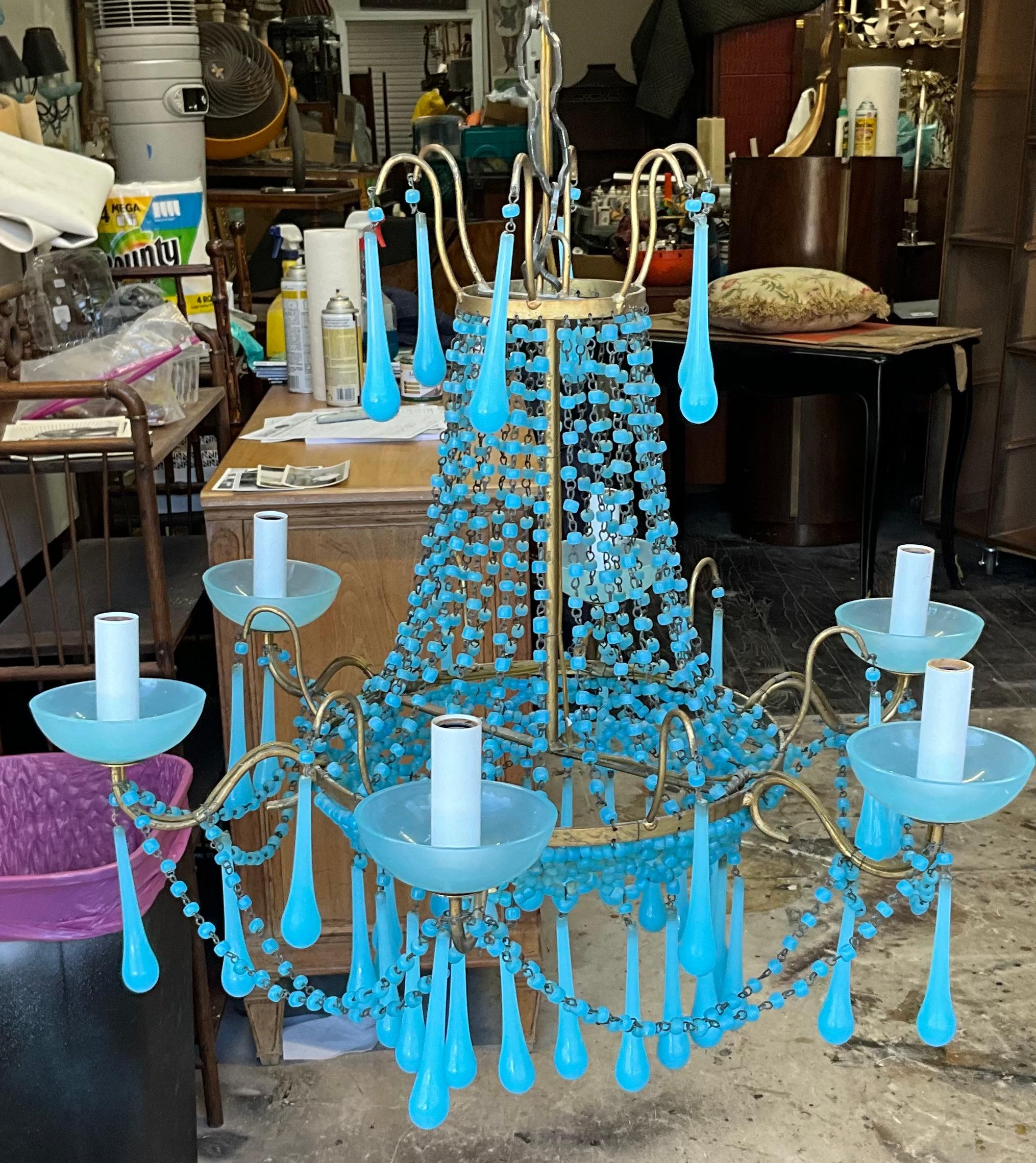 Late 20th Century Italian Turquoise Crystal & Gilt Metal Chandelier - 6 Arm  For Sale 4