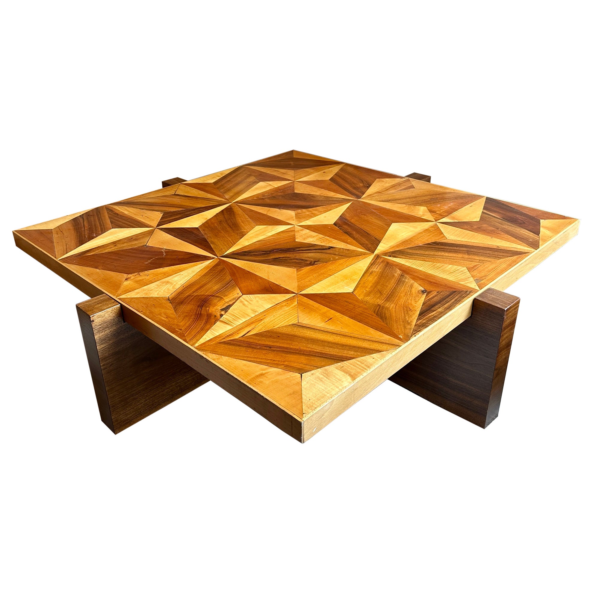 Late 20th Century Italian Wooden Mosaic with Compass Roses Top Coffee Table For Sale