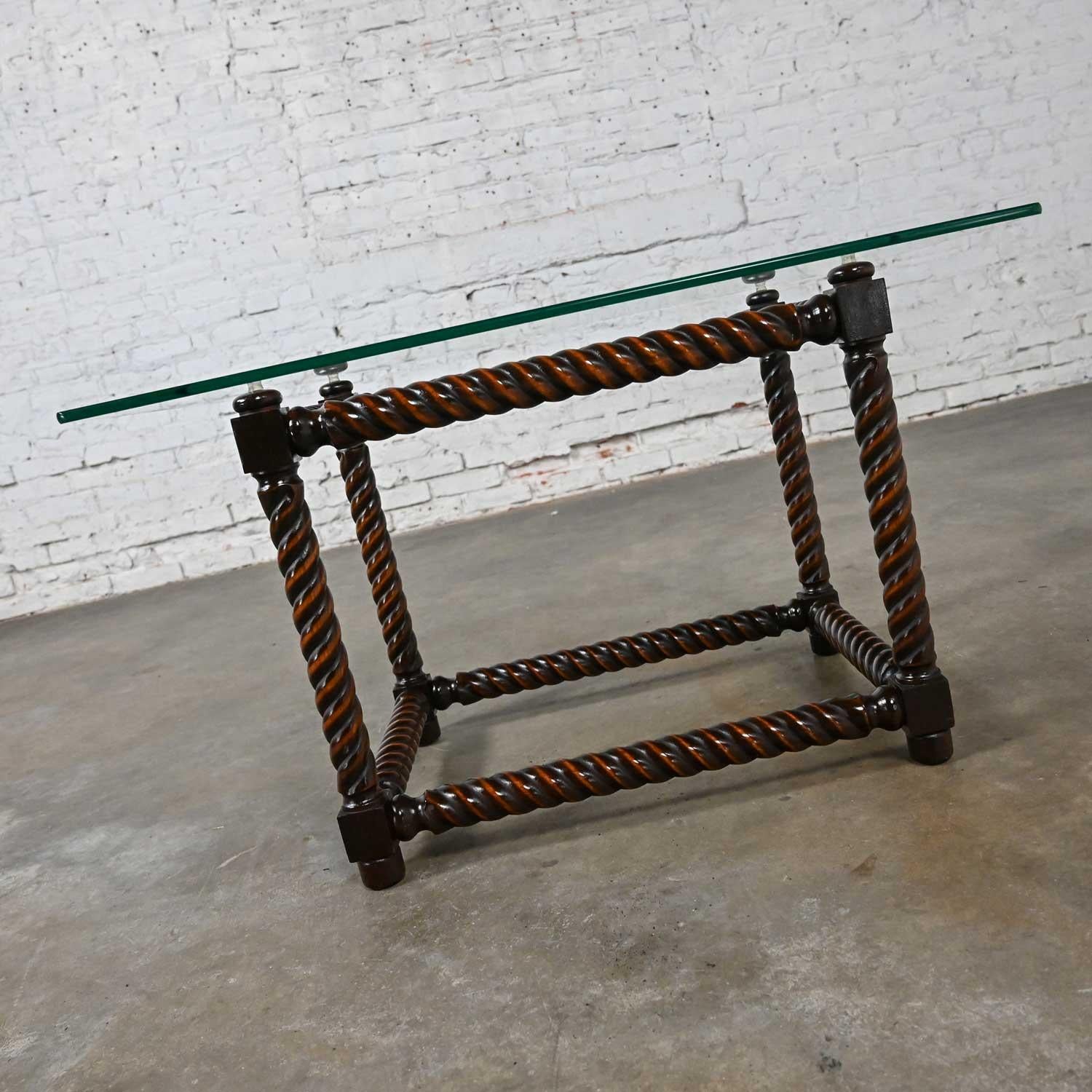 Late 20th Century Jacobean Style Barley Twist Base & Glass Top End Table For Sale 7