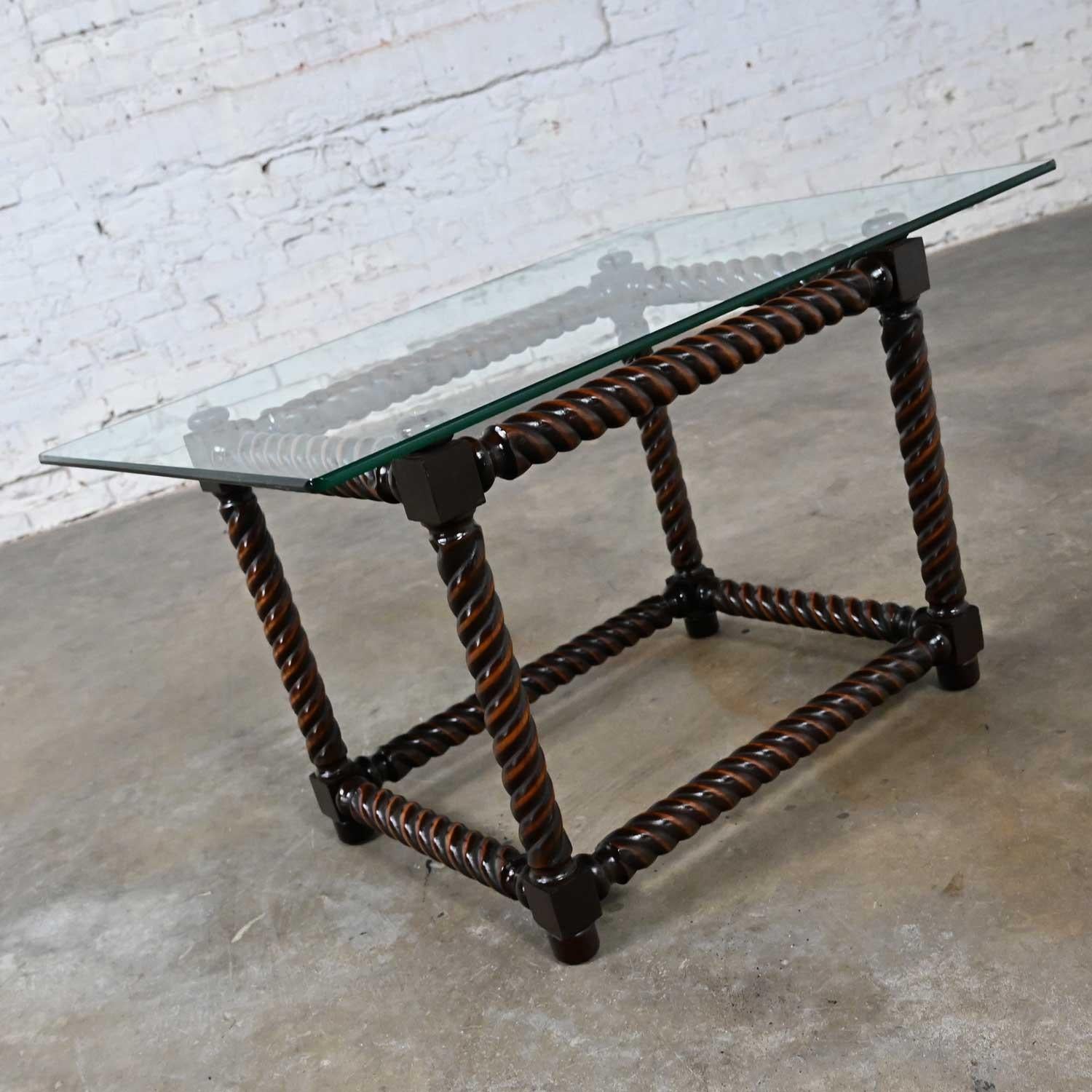 Late 20th Century Jacobean Style Barley Twist Base & Glass Top End Table For Sale 8