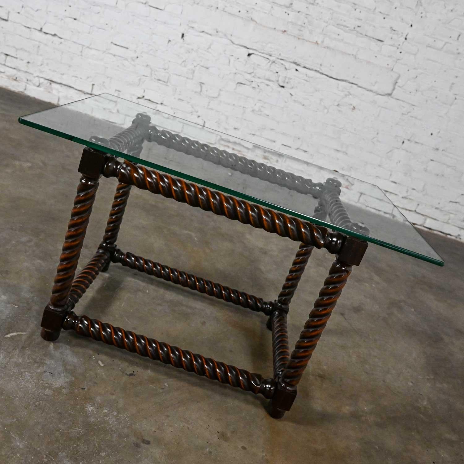 Late 20th Century Jacobean Style Barley Twist Base & Glass Top End Table For Sale 12
