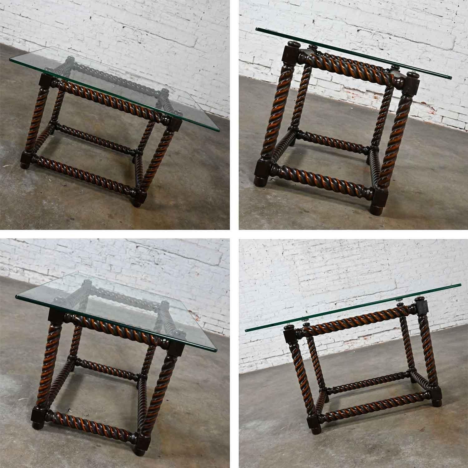Late 20th Century Jacobean Style Barley Twist Base & Glass Top End Table For Sale 14