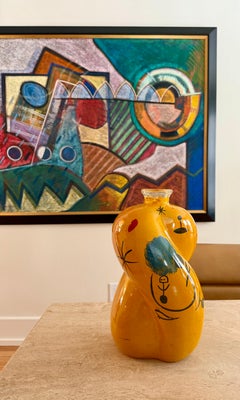Late 20th Century Joan Miro Style Sculptural Yellow Hand Painted Art Glass Vase
