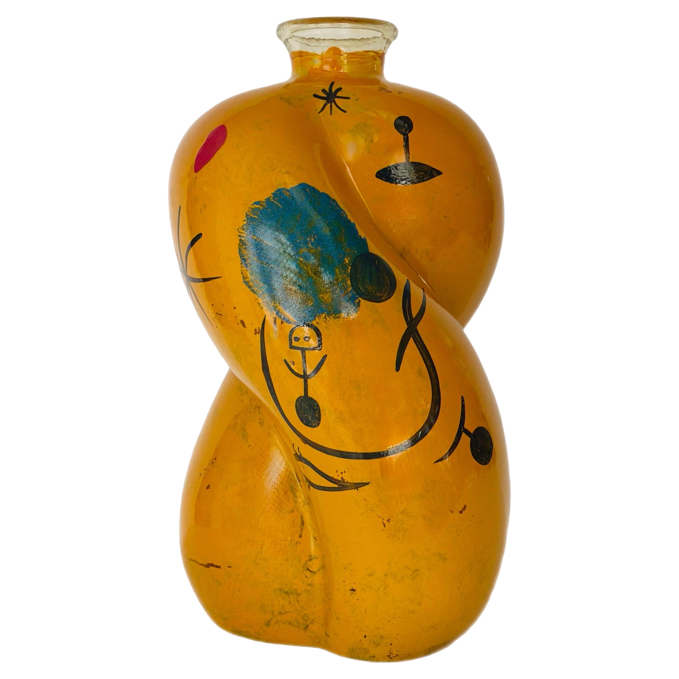 Vaso scultoreo in vetro artistico giallo dipinto a mano della fine del XX secolo in stile Joan Miro in vendita