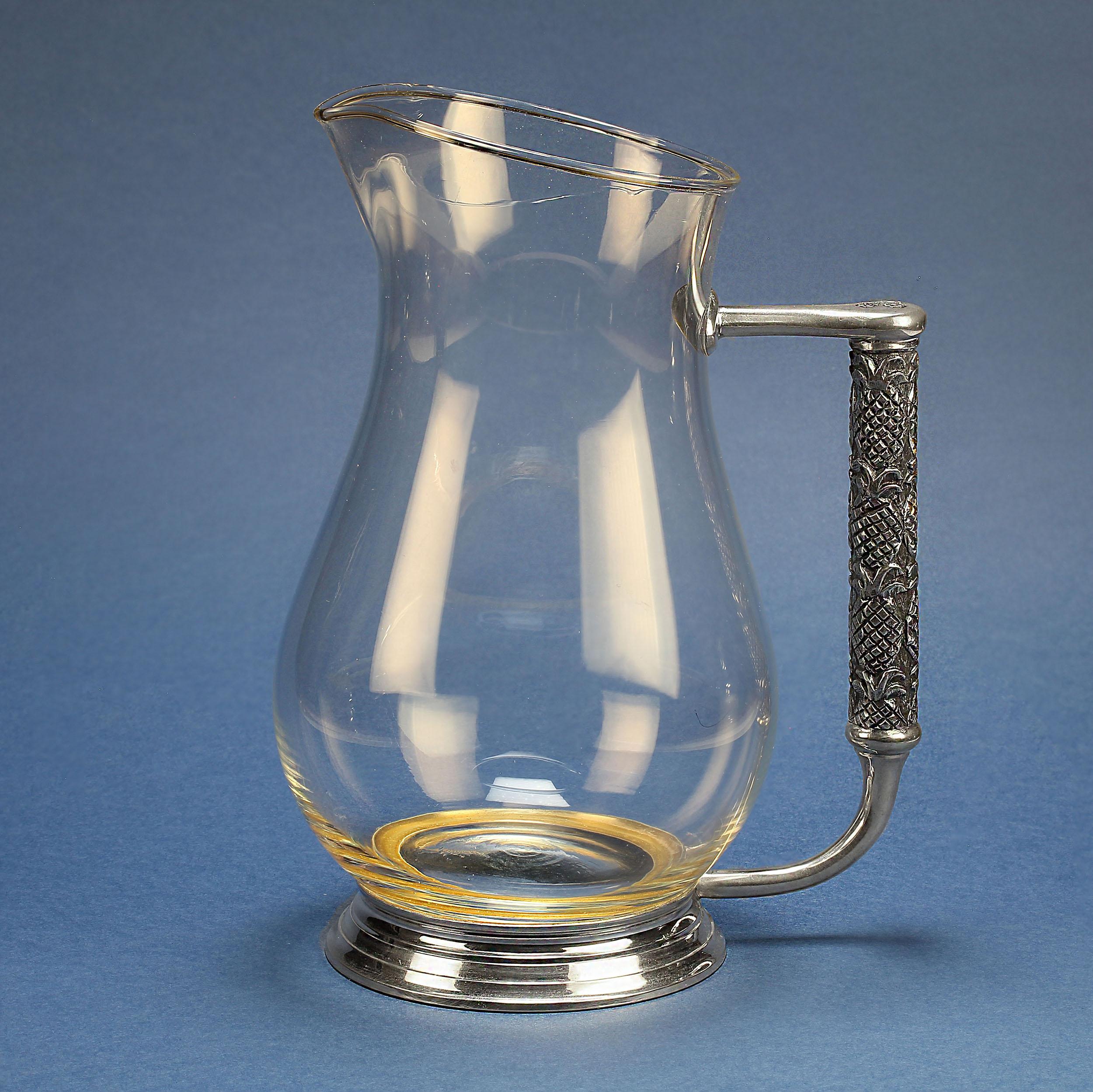 British Colonial Late 20th Century John Somers Glass Pitcher With Pewter Handle For Sale