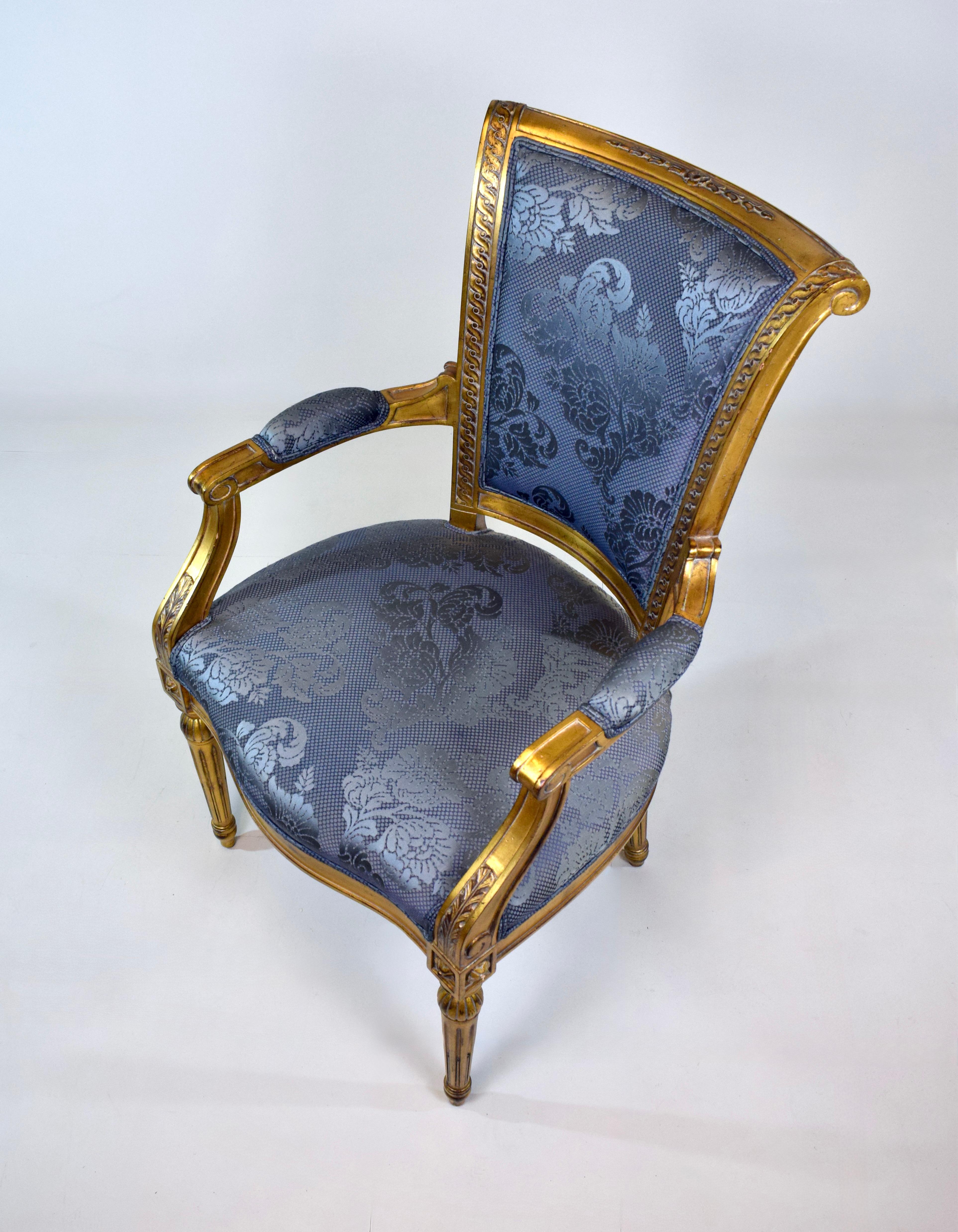 Silla Fauteuil Dorada Estilo Luis XVI Francés Karges Finales Siglo XX Damasco en venta