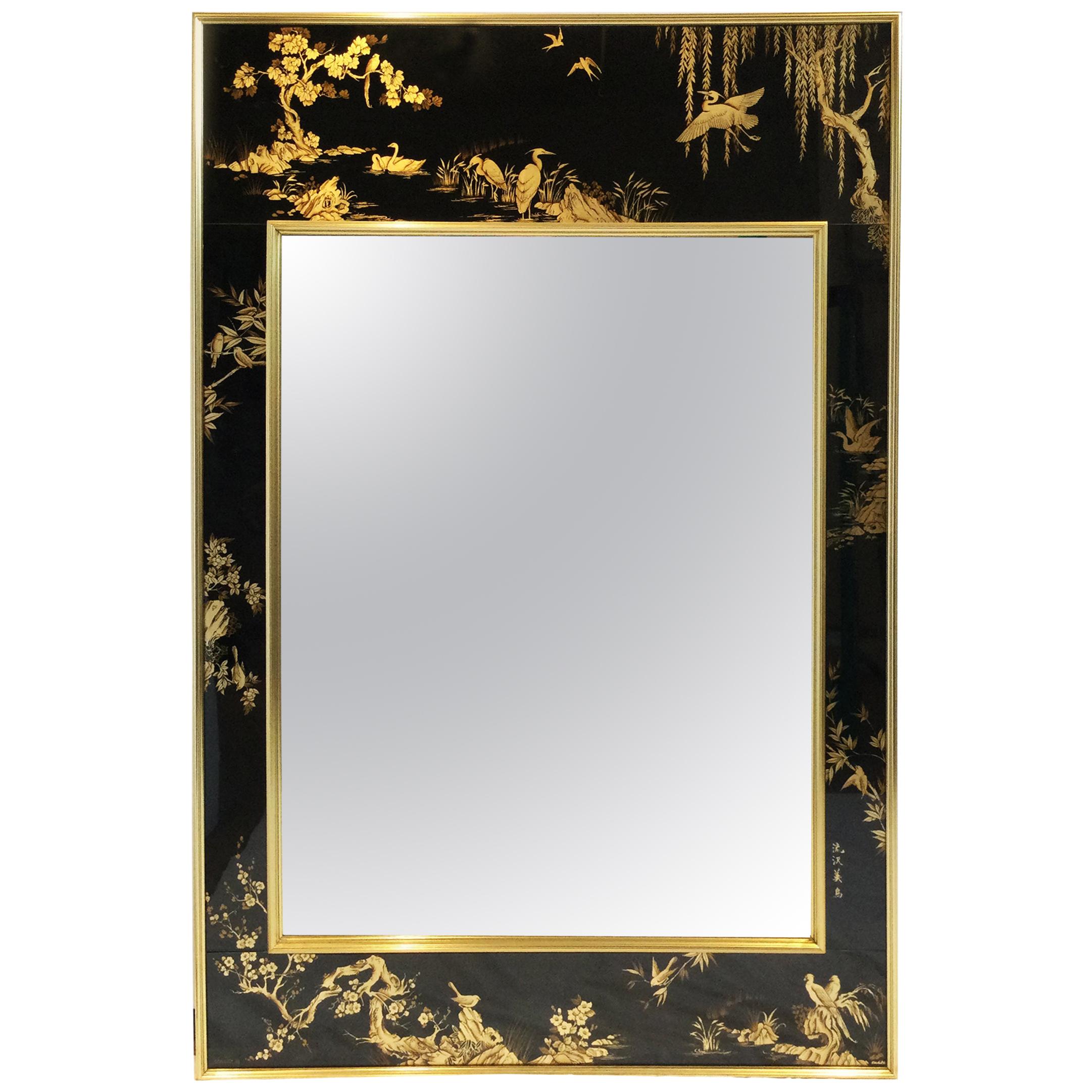 Late 20th Century "La Barge" Reverse Hand Painted Chinoiserie Mirror