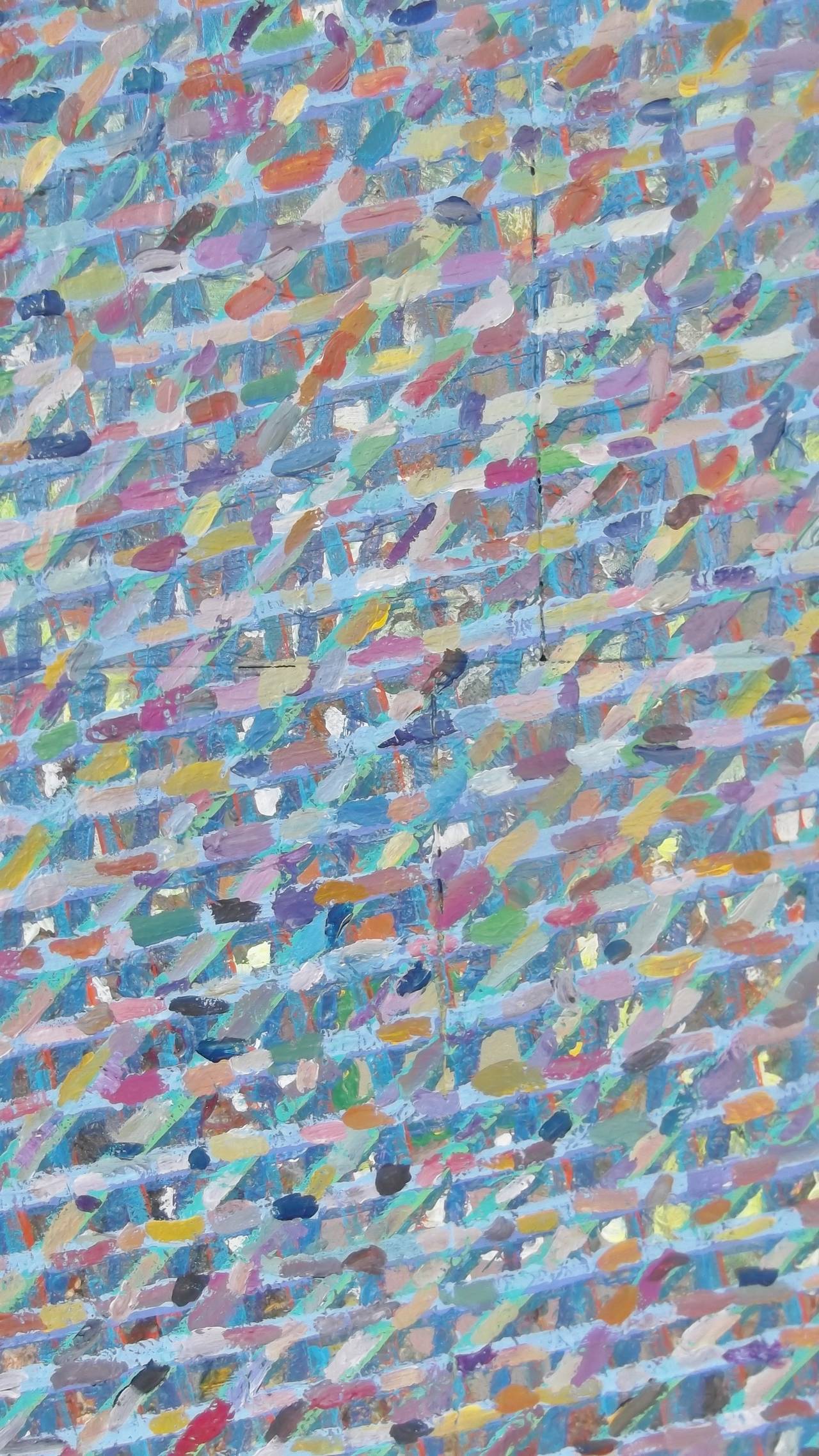 A large oil on canvas Artist-signed John David O'Shaughnessy, 2010.
Layered color and texture in a Jackson Pollack inspired abstract.
This painting is unframed, it is four canvases put together to make one large canvas.
Measures: 42 x 34 large.
