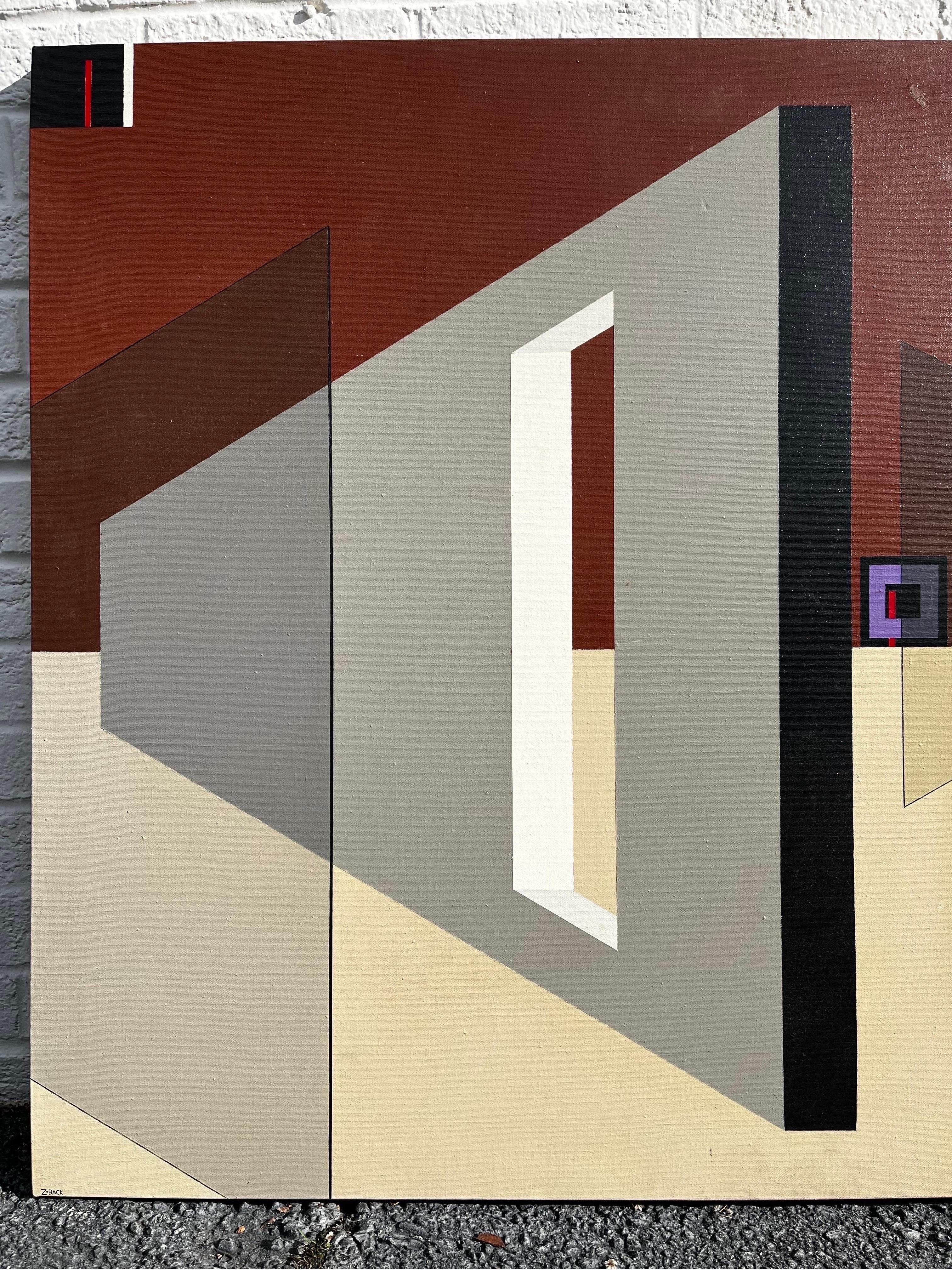 A vintage late 20th Century hard-edge geometric abstract acrylic on canvas painting with an architectural perspective by American artist Sonny Zoback (1930 - 2006). Mr. Zoback was an active artist in both New York and Florida. There is a strong