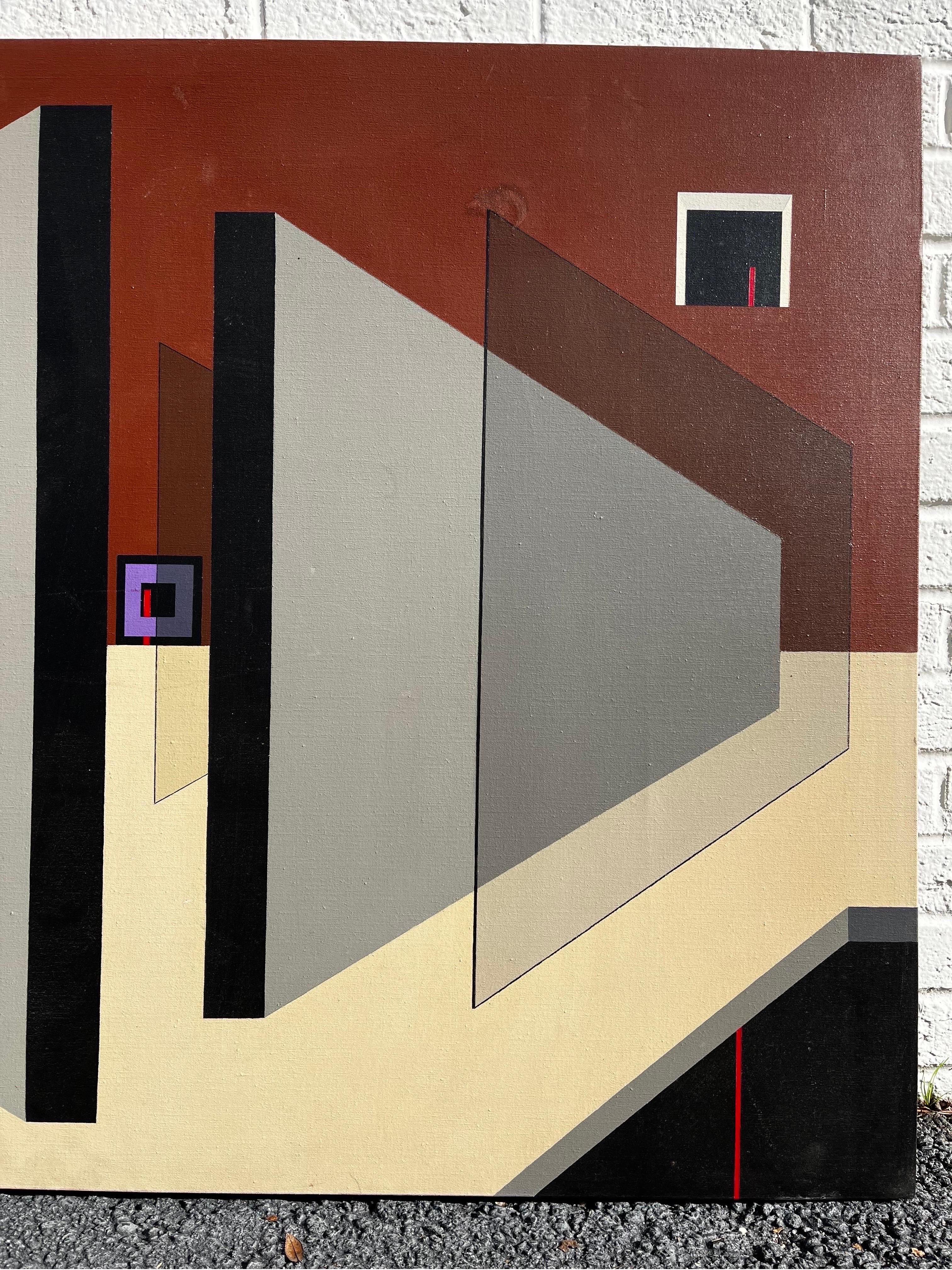 Hand-Painted Late 20th Century Large Geometric Abstract Architectural Perspective Painting