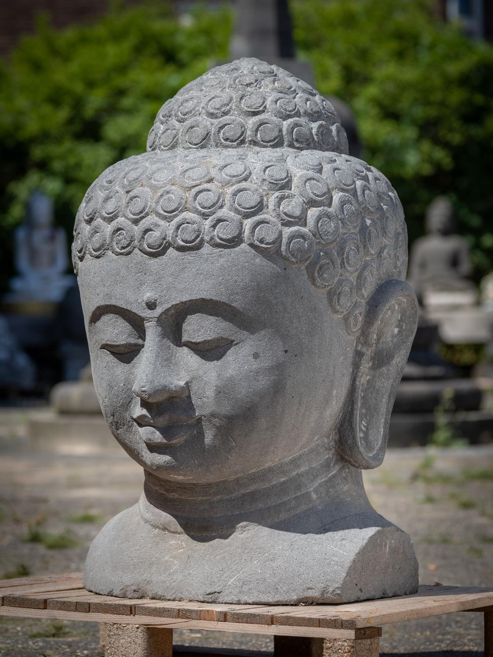 Stone Late 20th century large lavastone Buddha head from Indonesia  OriginalBuddhas For Sale