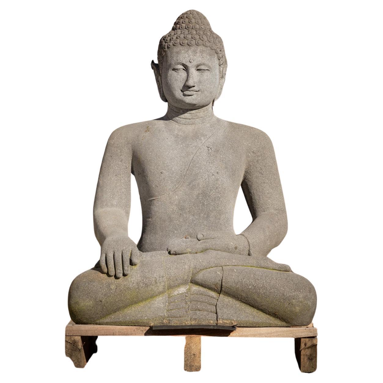 Late 20th century large lavastone Buddha statue in Bhumisparsha Mudra For Sale
