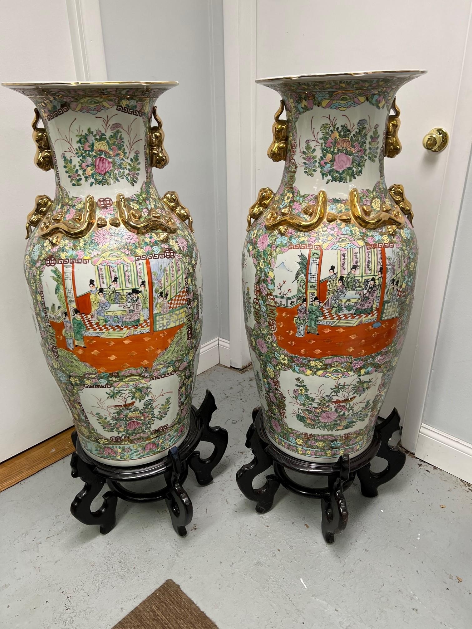Late 20th Century Large Pair of Chinese Porcelain Floor Vases with Wood Bases 3