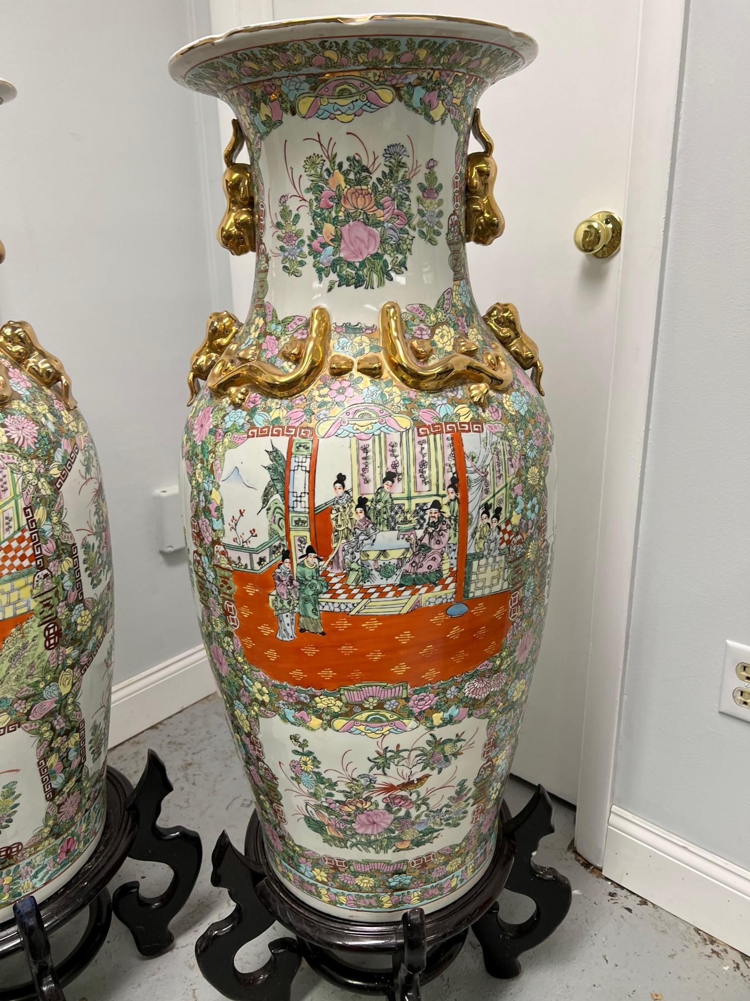 Late 20th Century Large Pair of Chinese Porcelain Floor Vases with Wood Bases 4