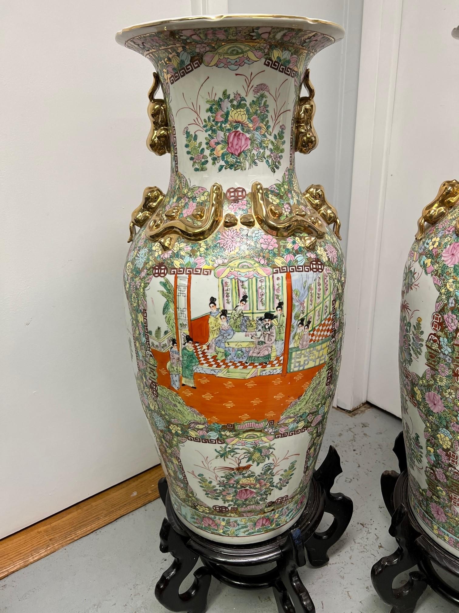 Late 20th Century Large Pair of Chinese Porcelain Floor Vases with Wood Bases 5
