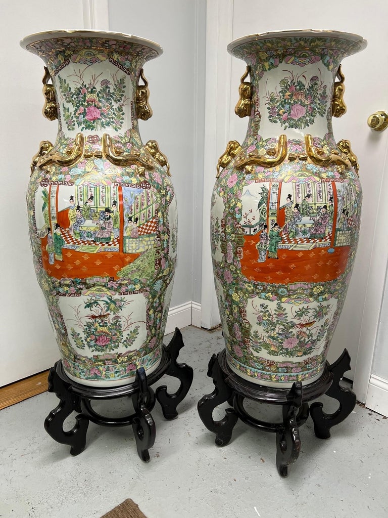 Late 20th Century Large Pair of Chinese Porcelain Floor Vases with Wood