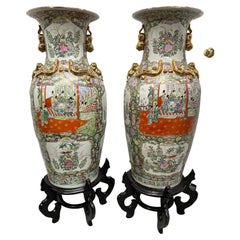 Late 20th Century Large Pair of Chinese Porcelain Floor Vases with Wood Bases